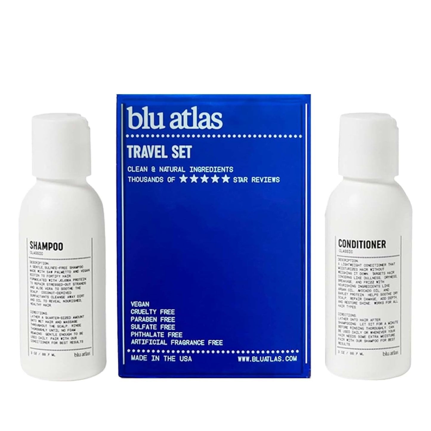 Blu Atlas Travel Size Shampoo & Conditioner Set for Men – TSA Approved, 3 oz Each – Natural, Sulfate-Free, Paraben-Free – Clean Ingredients – Classic Scent – Made in America