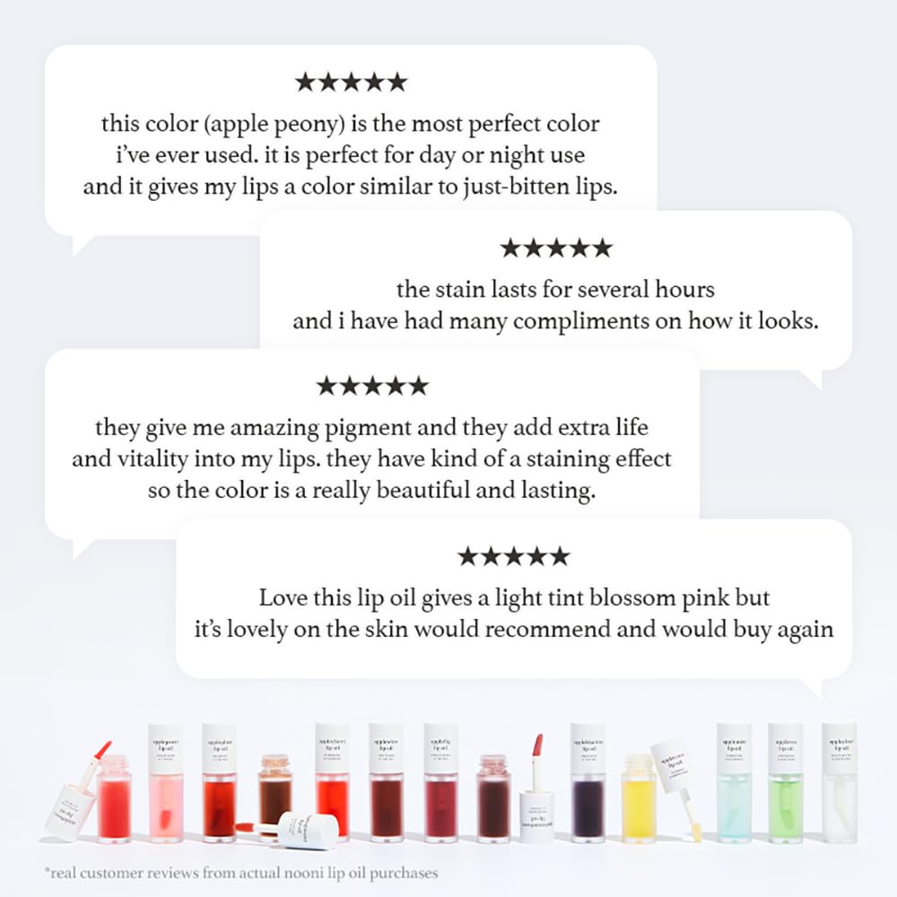 NOONI Korean Lip Oil - Applecherry | Long-Lasting, Moisturizing, Plumping, Revitalizing for Dry Lips, Waterproof, No Peel Off, Hydrating, Nourishing Crystal Clear, 0.12 FL Oz