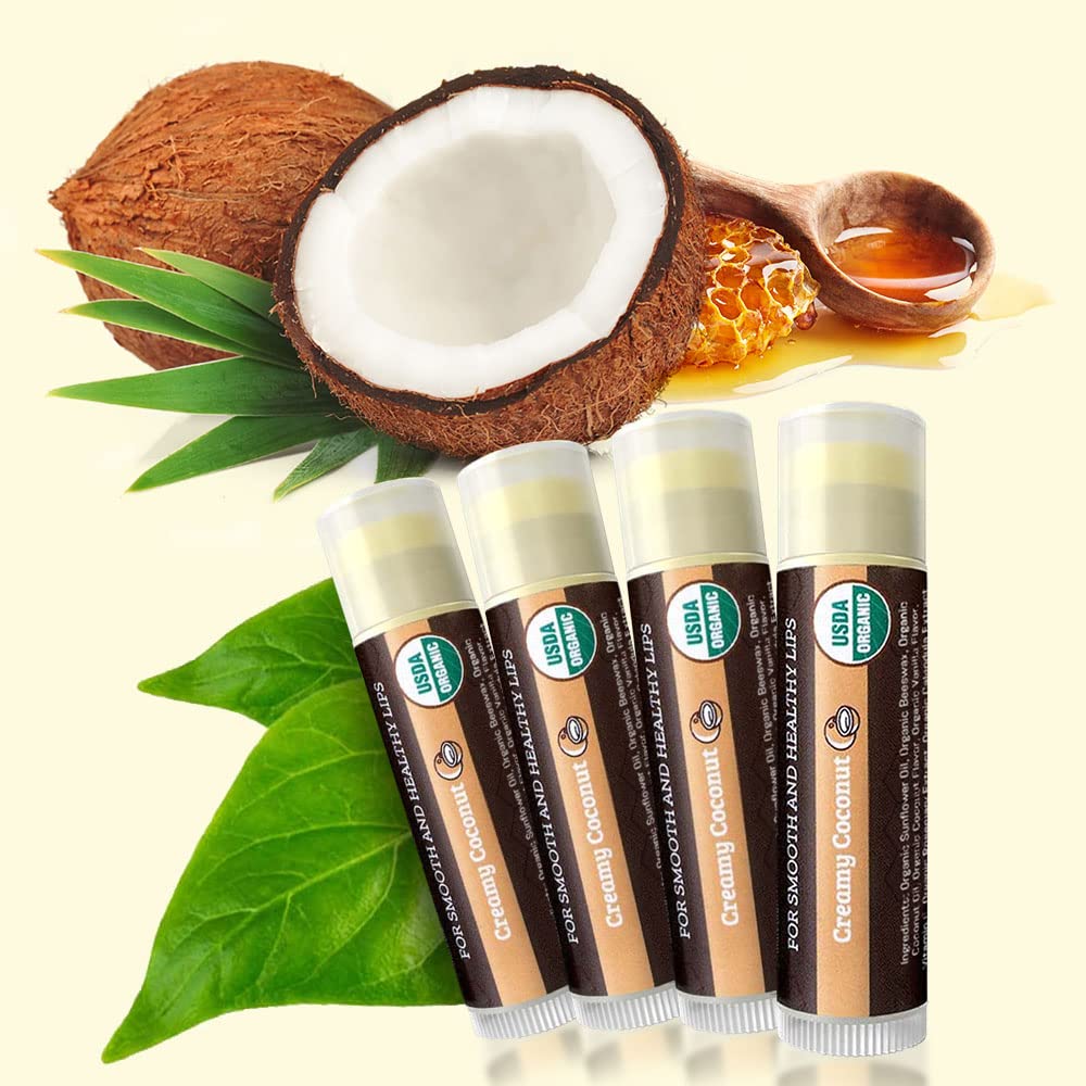 Earth's Daughter USDA Organic Lip Balm 4-Pack Creamy Coconut Flavor - Beeswax, Coconut Oil, Vitamin E - Best Lip Repair Chapstick for Dry Cracked Lips