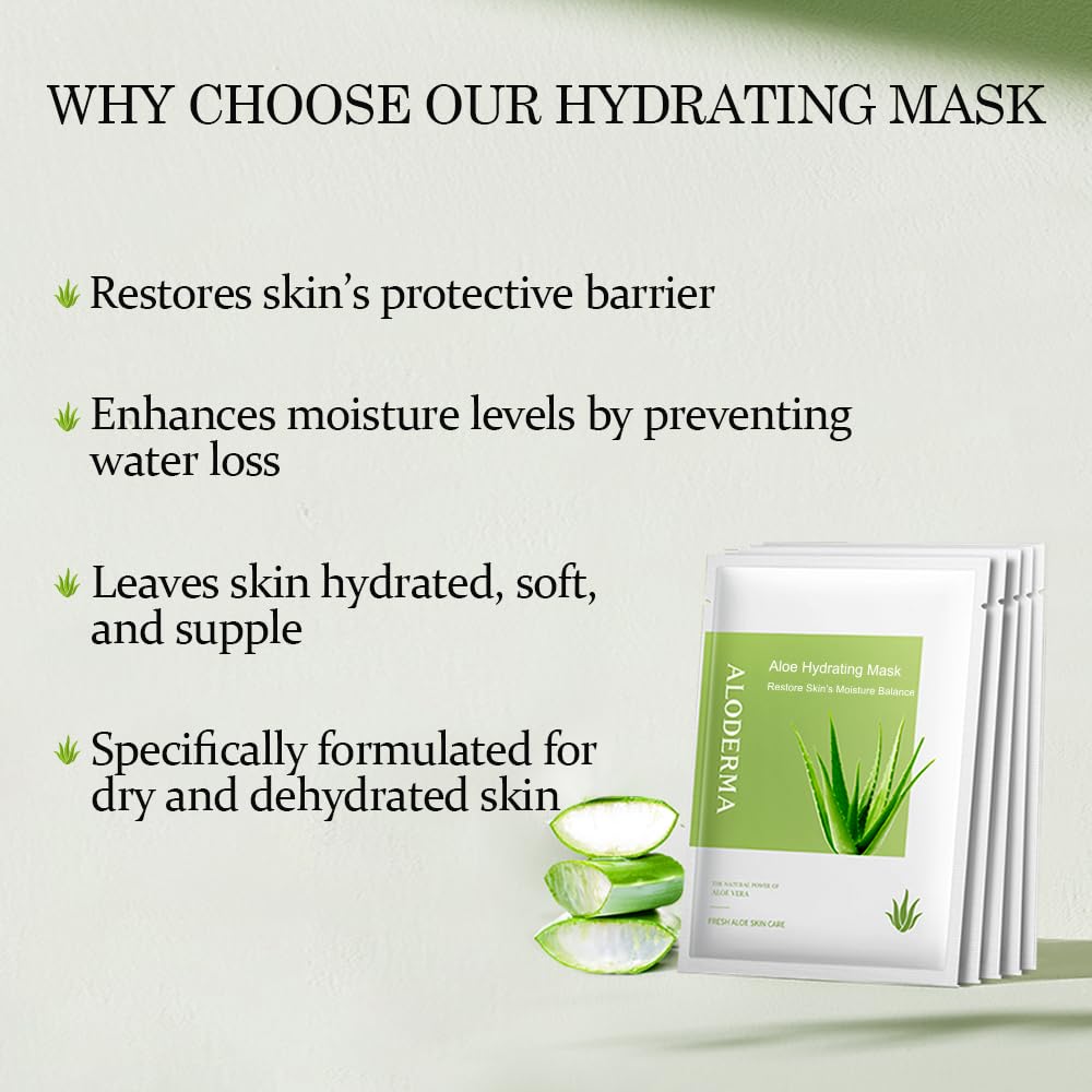 Aloderma Hydrating Sheet Face Masks with 87% Organic Aloe Vera - 5 pack Moisturizing Facial Masks with Hyaluronic Acid & Bergamot Oil for Nourished, Radiant Skin - Aloe Vera Natural Skincare