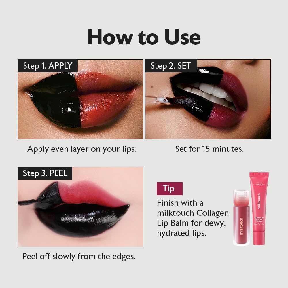MILKTOUCH Black Peel Off Lip Tattoo - Long-Lasting Matte Lip, Waterproof & Transfer-Proof, Highly Pigmented, Stay-On-All-Day Lip Tint Stain (4.5g) #03 Black Apple