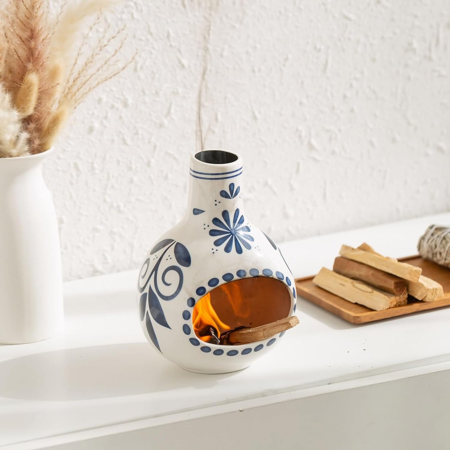 Handmade Ceramic Palo Santo Holder Burner & Sage Holder - Mini Tabletop Chiminea Burner Tray with Ash Catcher, Decorative Incense Holder for Spiritual Meditation & Yoga