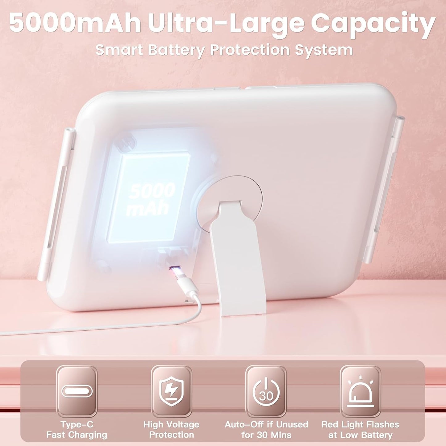 Trifold Travel Lighted Makeup Mirror, 5000mAh Rechargeable Light Up Magnifying Mirrors 1X/3X/10X, 3 Color Lighting&Stepless Dimming, Ultra Bright and Multi-Angle Adjustment