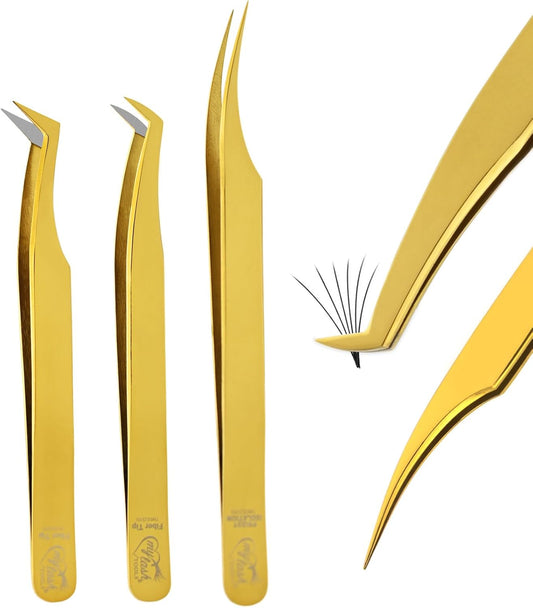 Fiber Tip Lash Tweezers for Lash Extensions, Precision Boot Volume Eyelash Extensions Tweezers Japanese Steel Curved Isolation Fiber Grip Tweezers pinzas para pestaas (3pcs)