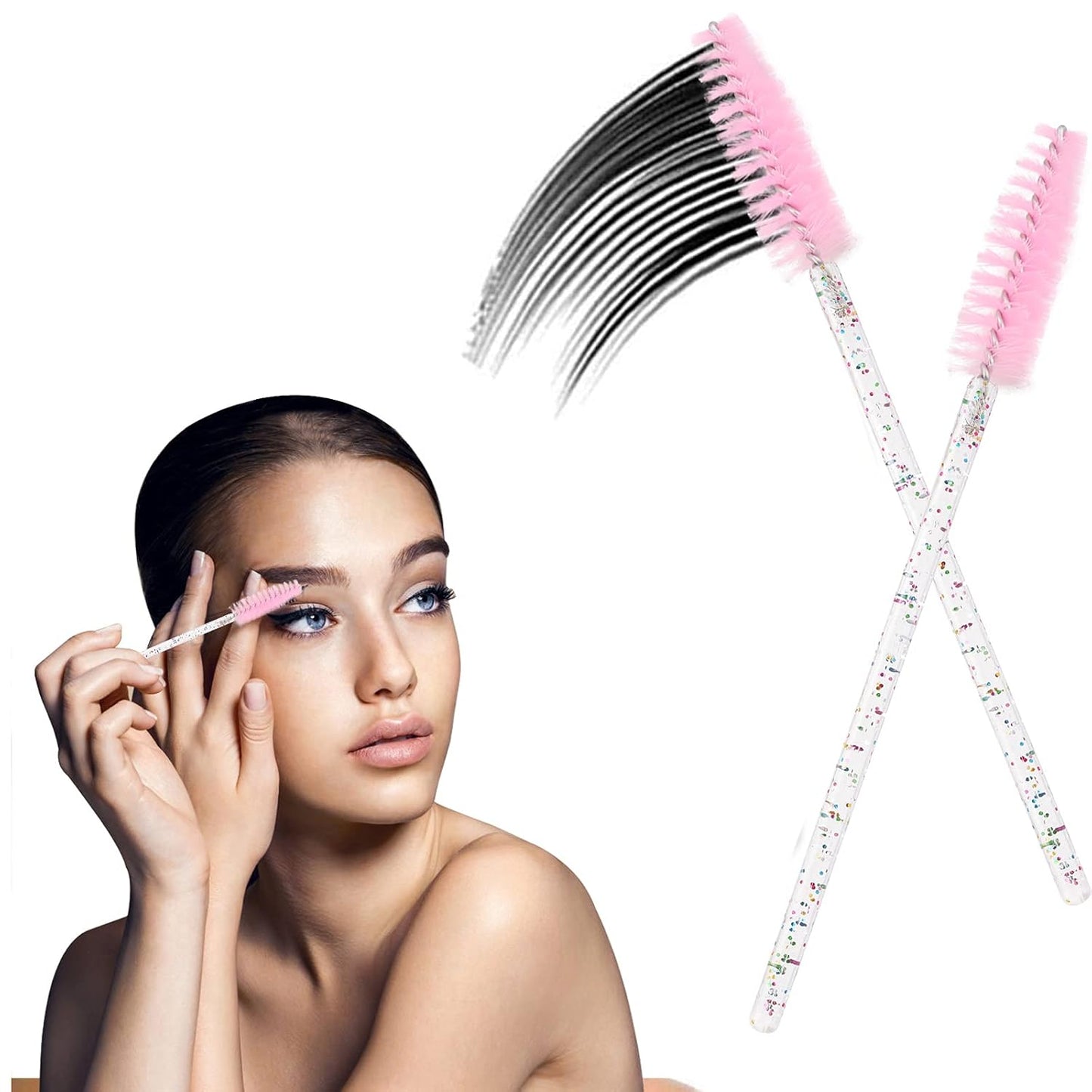 BTYMS 100 Pieces Crystal Eyelash Mascara Brushes Spoolie Brush Lash Wands Applicator Disposable Eyebrow - Light Pink