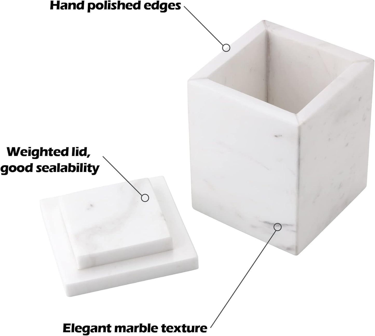 WORHE Marble Canister Natural Stone Qtip Holder with Lid Square Bathroom Vanity Organizer for Makeup Sponge Coffee Bean Dispenser Storage Jar Case for Home Decor White (DLW201)