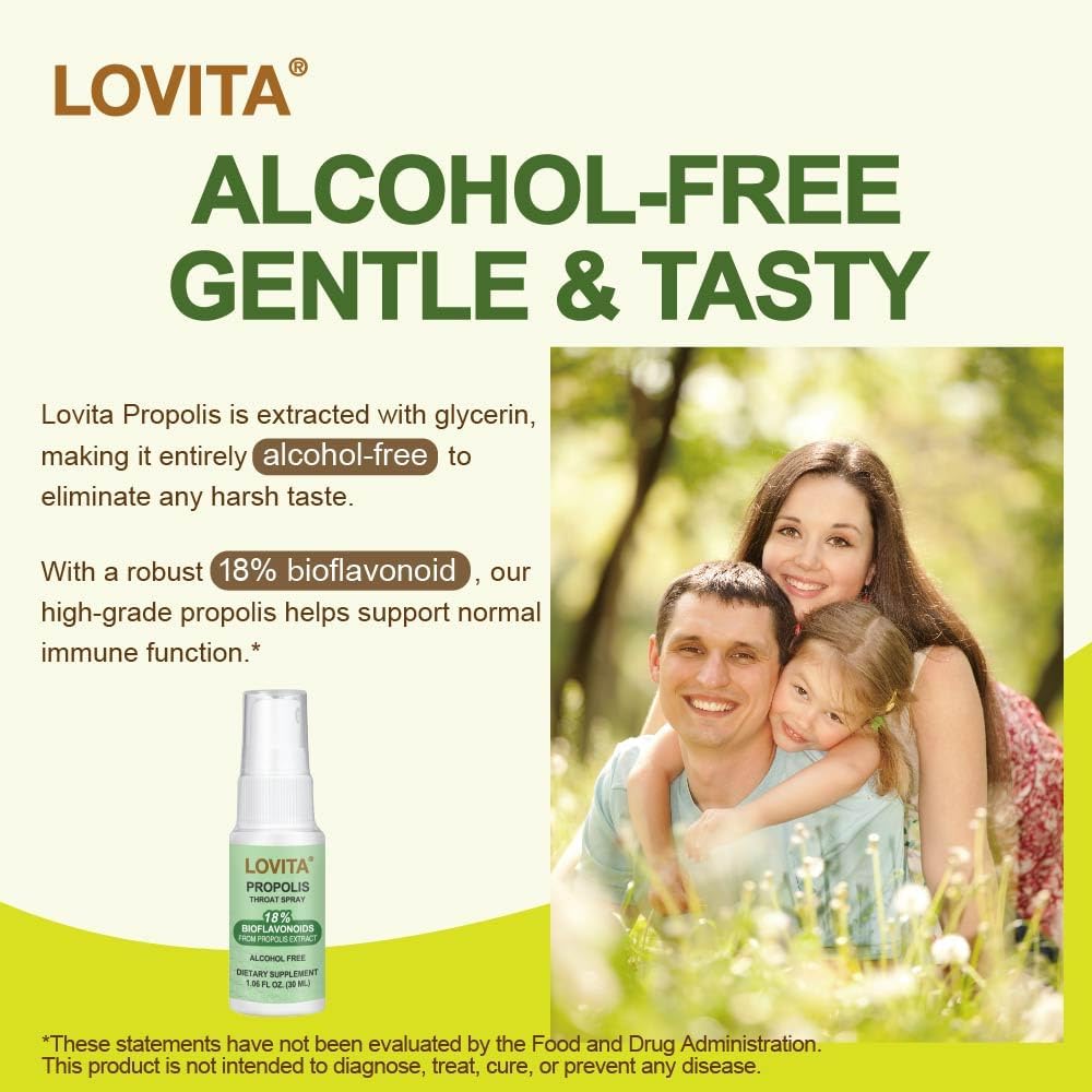 Lovita Bee Propolis Throat Spray, 18% Bioflavonoids, Alcohol-Free, Immune Support, Throat Soothing, Antioxidant, Gentle Taste, 1 Fl Oz (Pack of 1)