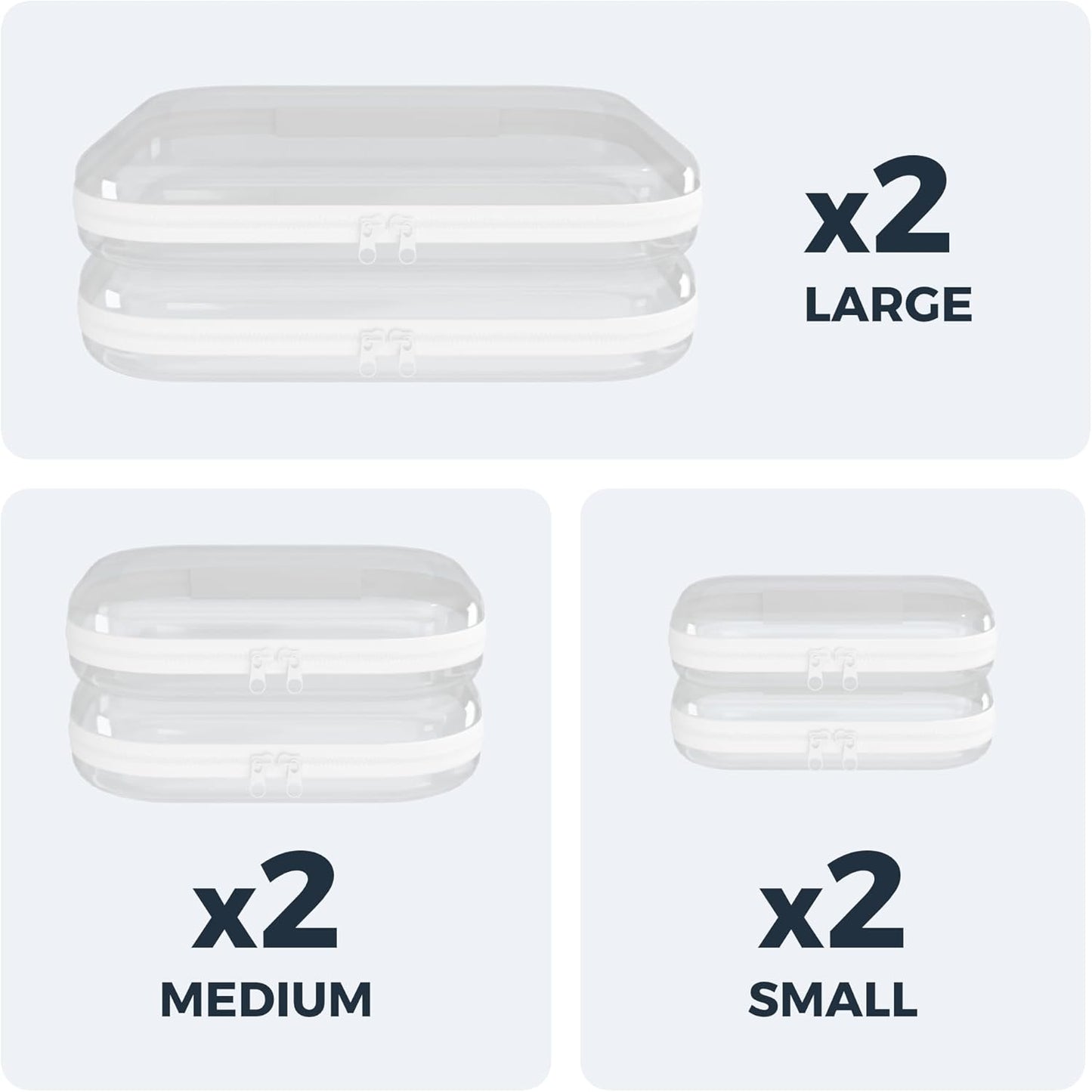 Extra Large 13.7" Durable Clear Hard Shell Zipper Case 6 Pack, 2x Large, 2x Medium, 2x Small, Clear Travel Makeup Case, Hard Plastic Travel Toiletry & Cosmetic Bag, Toy & Make Up Organizer Pouch