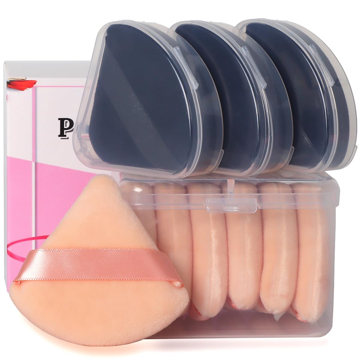 Ocim 10Pcs Triangle Powder Puffs for Face Powder,Soft Velour Triangular Beauty Puff,Makeup Pressed,Baking & Setting Powder Sponge Applicator Pads with Case,Black&Nude