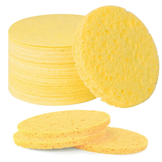 50-Count Facial Sponges Compressed Natural Cellulose Sponge Round Shape Face Sponge for Face Cleansing Exfoliating and Makeup Removal, Yellow