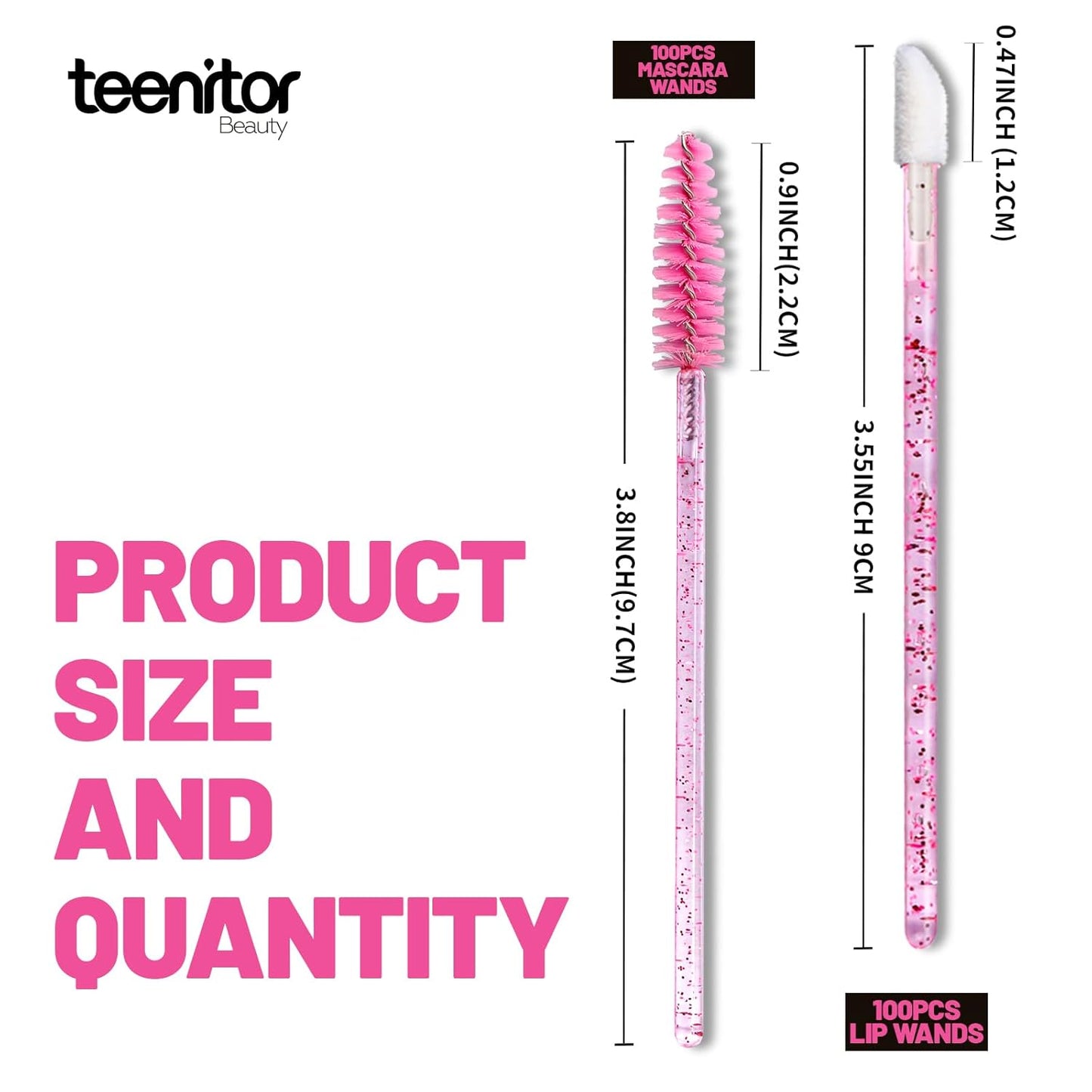 Teenitor 200pcs Mascara Wands and Lip Applicators Disposable, 100pcs Disposable Mascara Wands, 100pcs Lip Applicators Pink