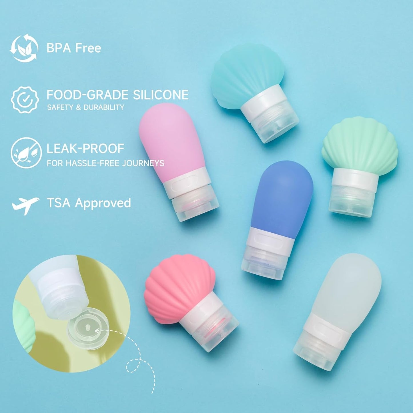 Leak Proof Squeezable Silicone Travel Bottles, Reusable, Refillable Bottles, Shell Shape, Sustainable, TSA Carry On Approved Toiletries Containers, 3pcs (1.35oz/40ml)