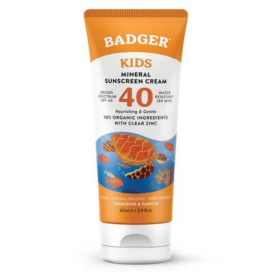 Badger Kids Mineral Sunscreen Cream SPF 40, 98% Organic Ingredients, Zinc Oxide Sunscreen for Kids Face & Body, Water Resistant, Reef Friendly, Hawaii Approved Broad Spectrum Sunblock, 2.9 fl oz