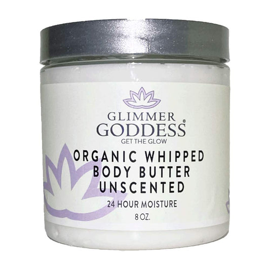 Glimmer Goddess Organic Whipped Body Butter for Women - Moisturizer Cream with Shea & Cocoa Butter, Almonds & Coconut Oil - Unscented, 8oz