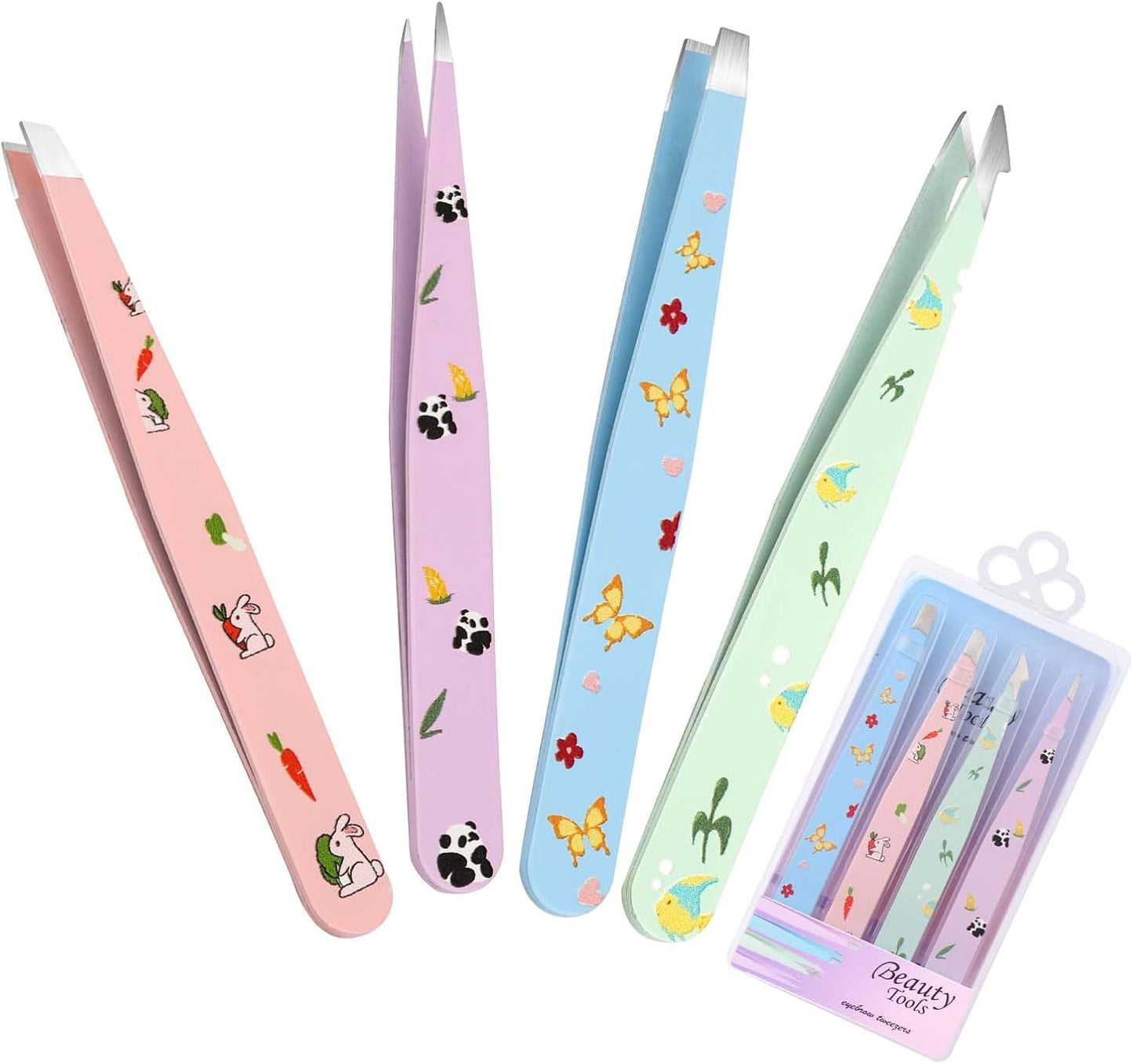 FADLASH Professional Multicolor Tweezers 4Pcs High Precision Stainless Steel Eyebrow Tweezers for Facial Hair, Eyebrow Grooming, Ingrown Hair Splinter Removal Suitable for Women and Men