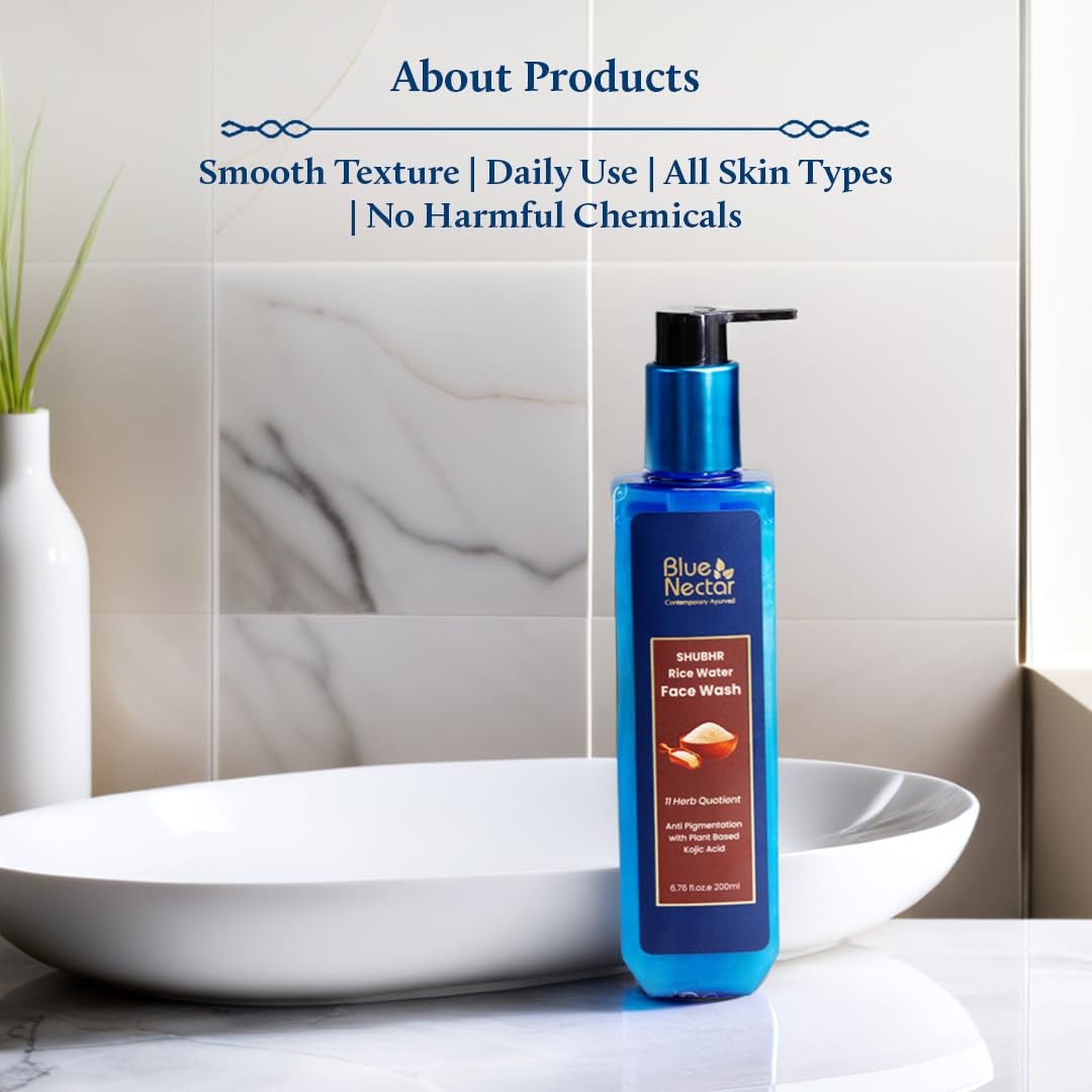 Blue Nectar Rice Water Face Wash with 2% Kojic Acid for Pigmentation | Face Cleanser for Oily, Dry & Sensitive Skin | Face Wash for Women & Men (11 Herbs, 3.4 Fl Oz)