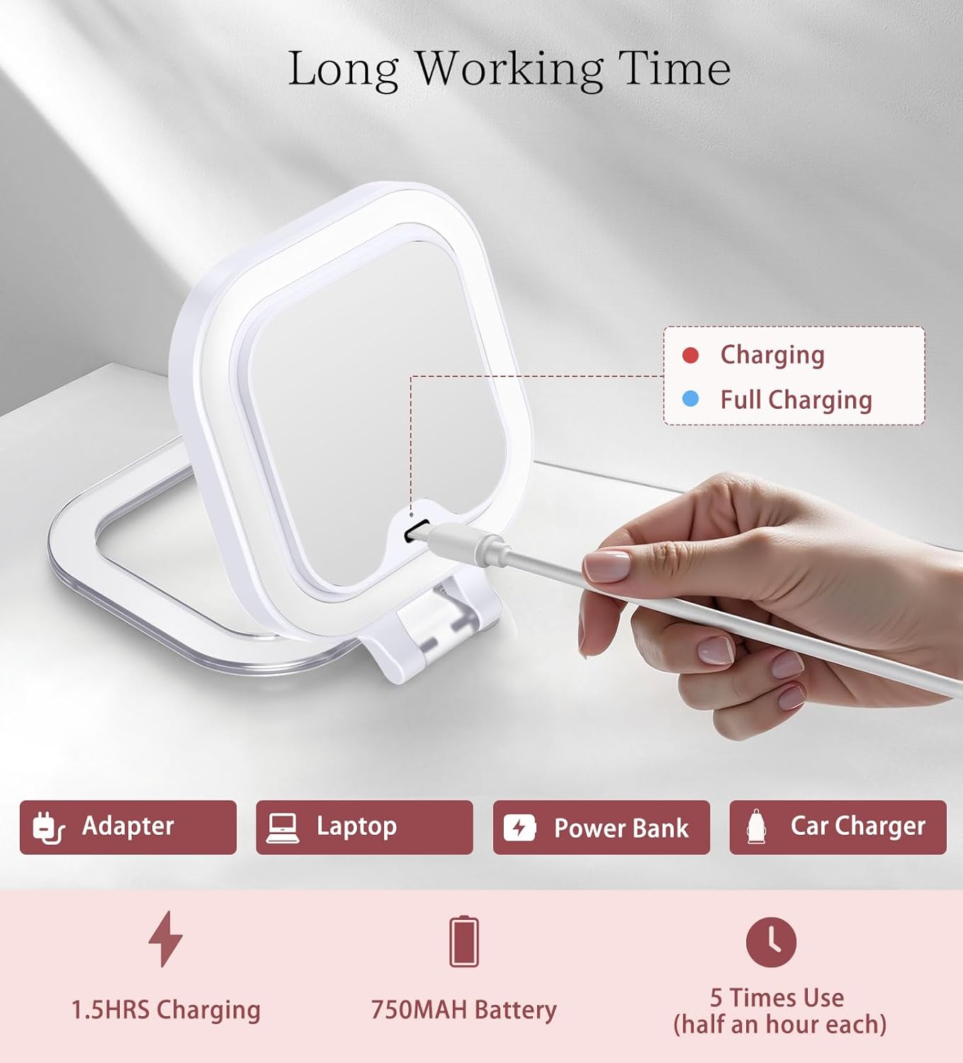 Shinowa Rechargeable Travel Makeup Mirror with 44 LED Lights, 1X/10X Magnifying Vanity Mirror with 3 Color Light, Folding Stand, 4 Inch Portable Dimmable Double Sided Compact Lighted Mirror, White