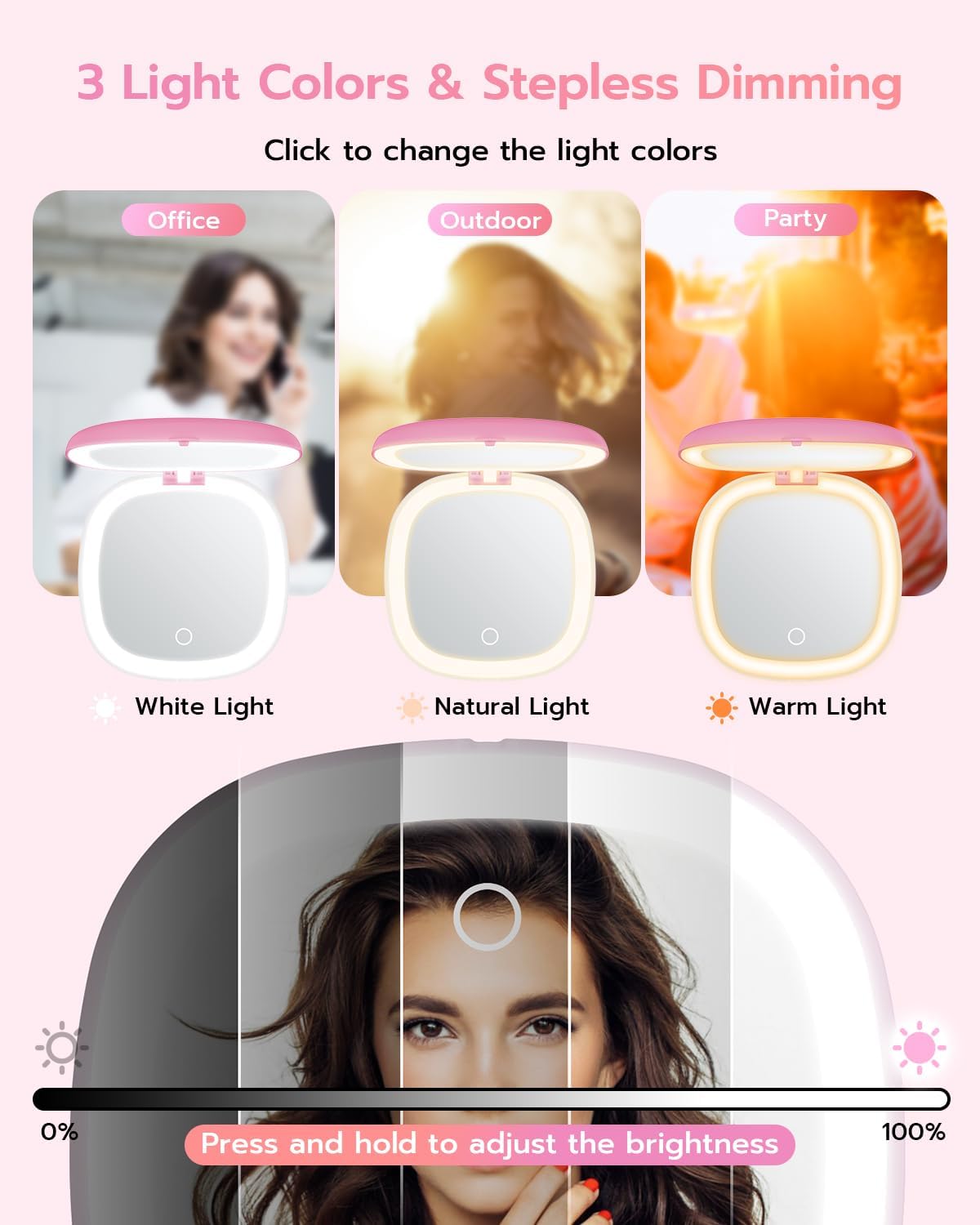 Benbilry 3.9" Rechargeable Compact Makeup Mirror with 3 Light Colors and Magnification 1X / 10X, Double Light Strip Dimmable Small LED Travel Mirror for Purse, Pink