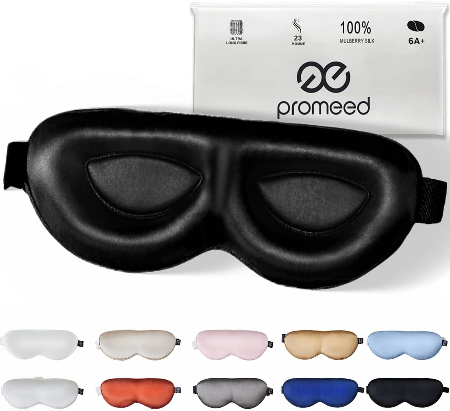 PROMEED Adjustable 100% Mulberry Silk Sleep Mask 23 Momme, 3D Contoured No-Pressure Cup Eye Mask for Sleeping, Super Soft Breathable Blindfold, Perfect Blocks Light for Sleeping (Black)
