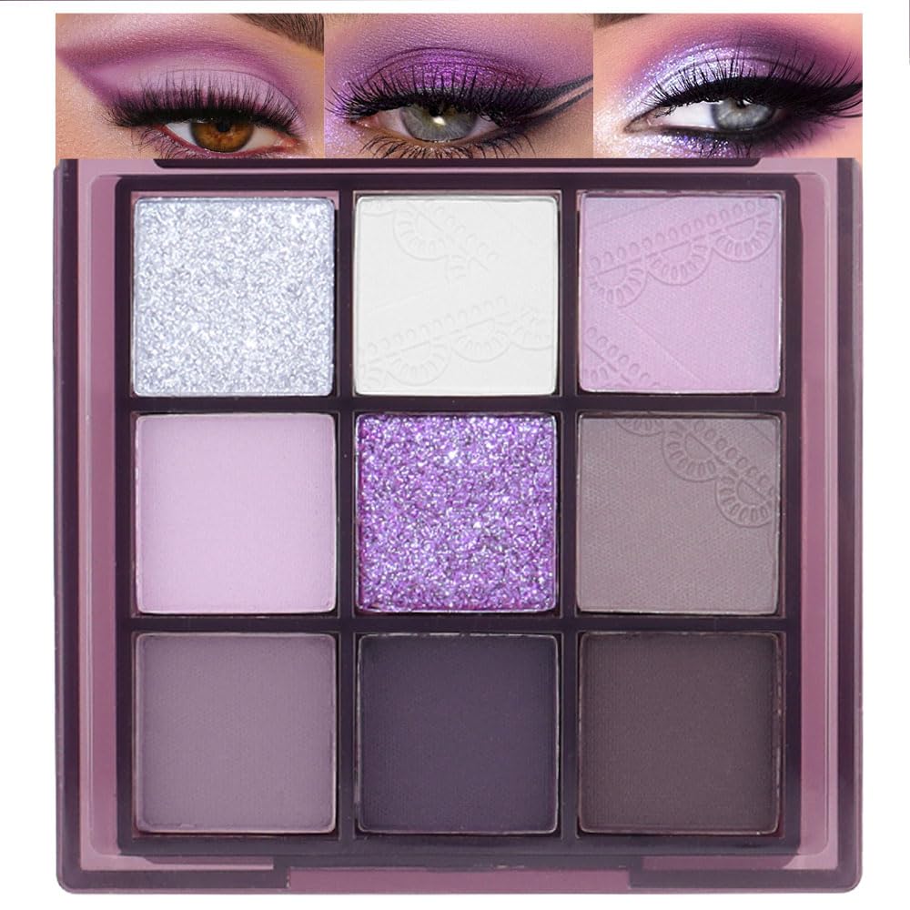 9 Colors Purple Silver White Tan Grape Matte Shimmer Eyeshadow Palette for Eye Makeup,High Pigmented Brown Eye Shadow Primers Powder Palet de sombras de ojos