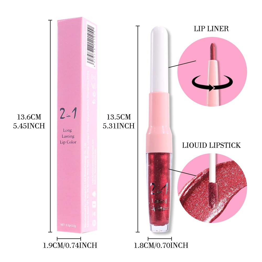 evpct Dark Red Metallic Glitter Lip Liner and Lipstick Combo Lip Gloss Stain Set Makeup for Women Long Lasting Waterproof 24, Wine Red Frosted Metallic Shimmer Glossy Chrome iridescent Liquid Lipstick
