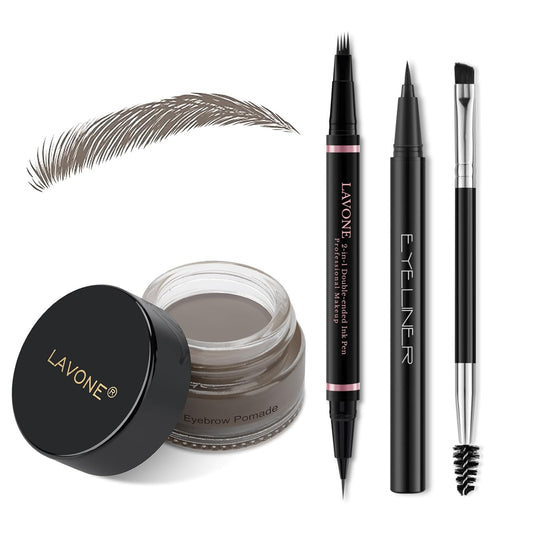 Eyebrow Pencil Makeup Kit, with Waterproof 2-IN-1 Microblading Eyebrow Pen, Eyebrow Pomade, Eyeliner and Dual-ended Eyebrow Brush, Brow Pencil Kit for Natural Eyebrows - Grey