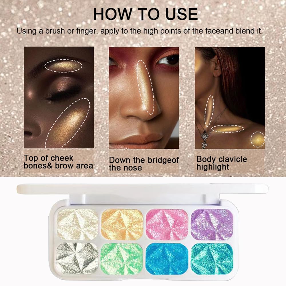 8-Color Highlighter & Contour Palette - Shimmer, Glitter, Iridescent Multichrome Holographic Eyeshadow for Face & Cheek, Purple Rainbow Highlight Makeup