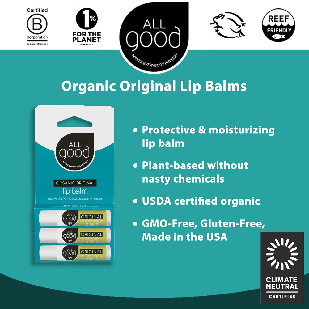 All Good Organic Lip Balm for Soft Smooth Lips - Calendula, Lavender, Olive Oil, Beeswax, Vitamin E | (Original) (3-Pack)