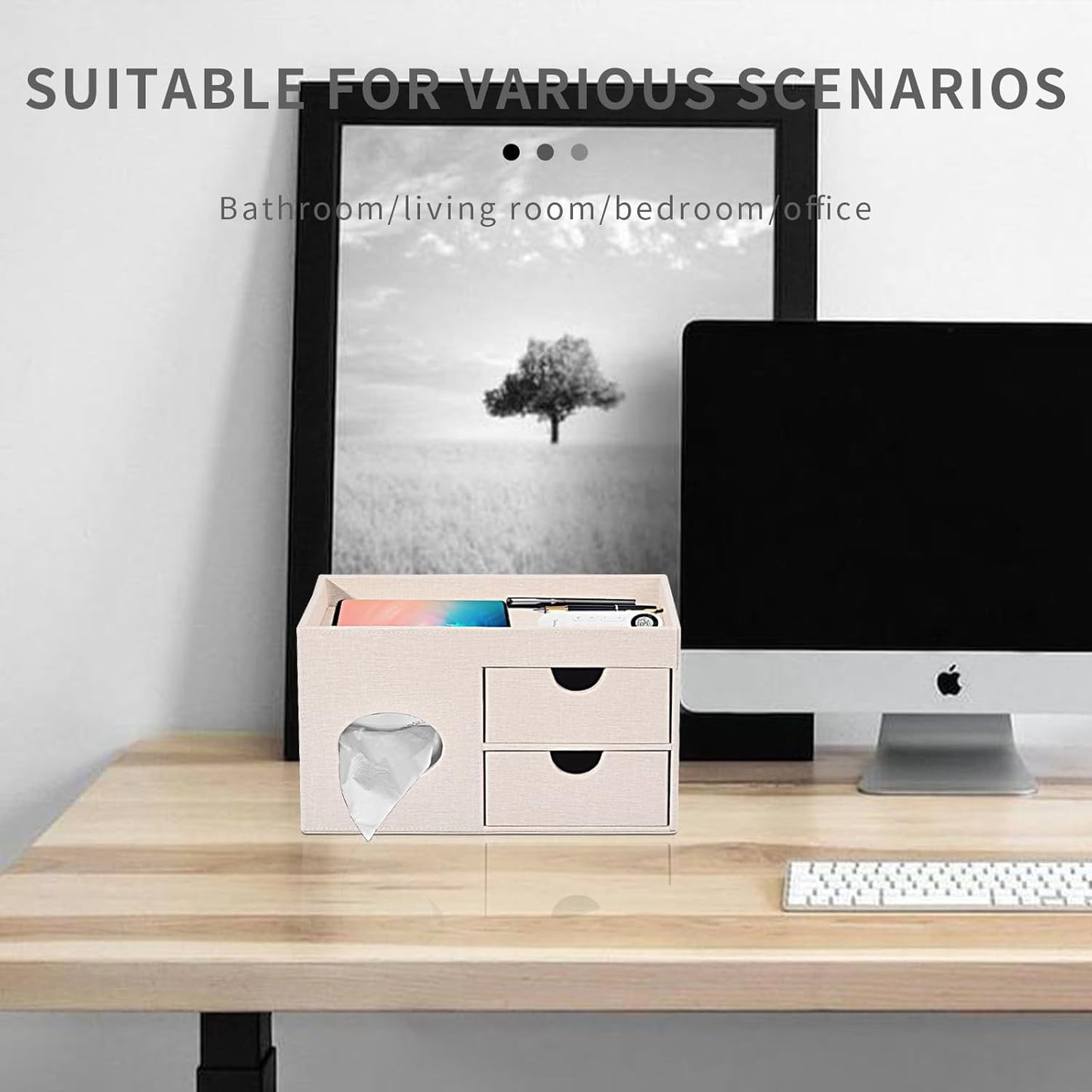 Square Tissue Box Cover with Drawers,Tissue Box Holder with Storage Tray, Makeup Organizer and Desk Organizer,Tissue Holders Decorative for Bathroom Vanity NightStand Dressing Table (Beige)