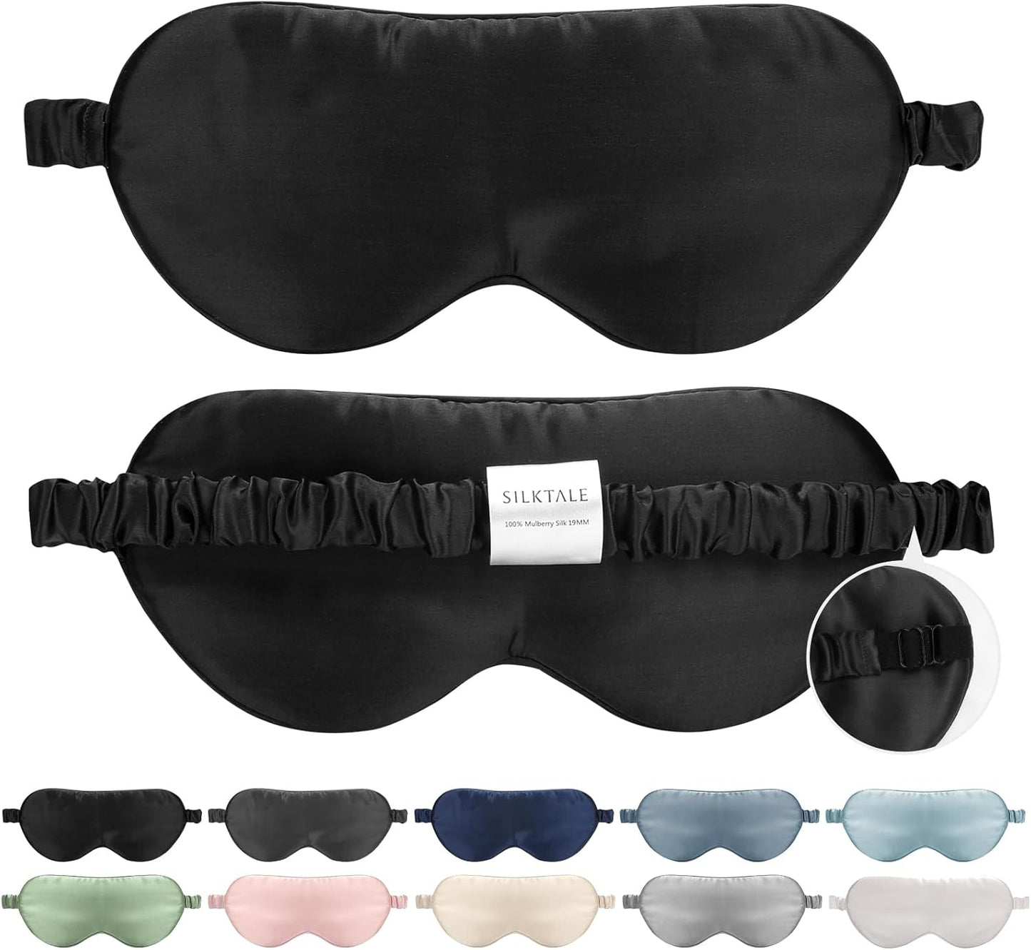 100% Mulberry Silk Eye Mask for Sleeping with Silk Wrapped Adjustable Strap,Black