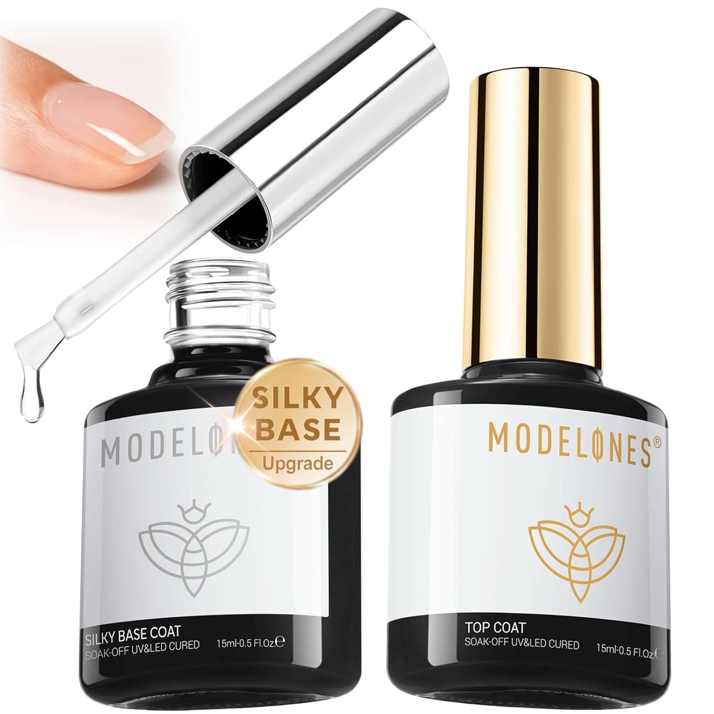 Modelones Gel Top Coat and Upgrade Silky Base, 2 Pcs 15ml Base and Top Coat Set Clear No Wipe Diamond Shine Easy Apply Gel Polish Soak Off U V LED Nail Art Home DIY Manicure Gift for Women Beginners