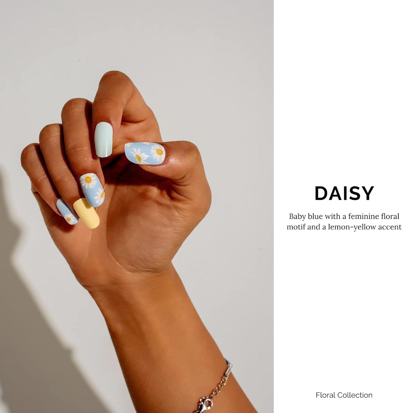 Nailog Semi Cured Gel Nail Strips 34 pcs | Long Lasting Nail Polish Sticker Wraps with Glossy Gel Finish | Daisy