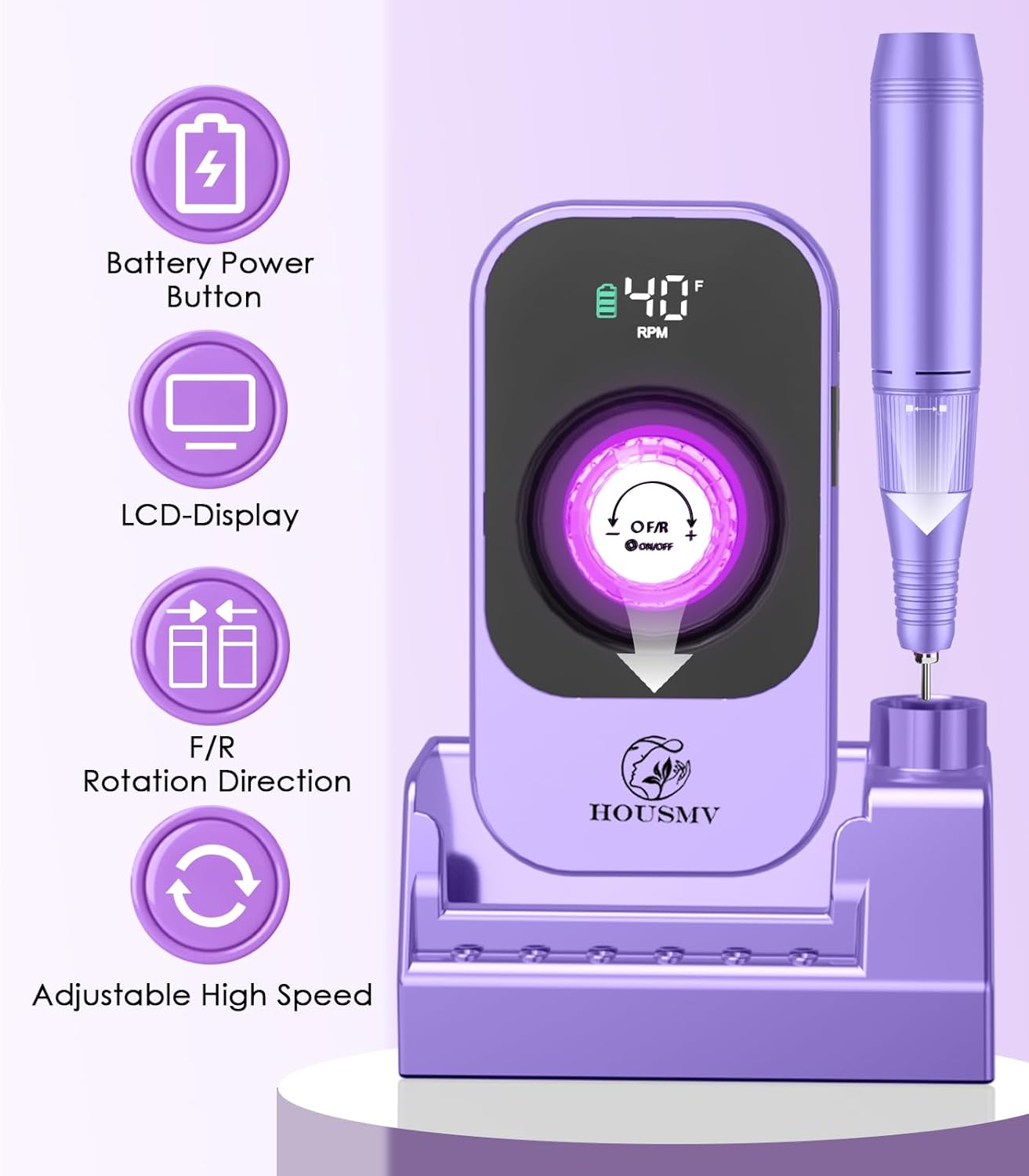 Portable Electric Nail Drill Machine: Professional Nail File Machine 40000RPM, Rechargeable Cordless Nail-E File with Bits & Base for Acrylic Nails Remove Gel Polish Manicure Salon Home, Light Purple