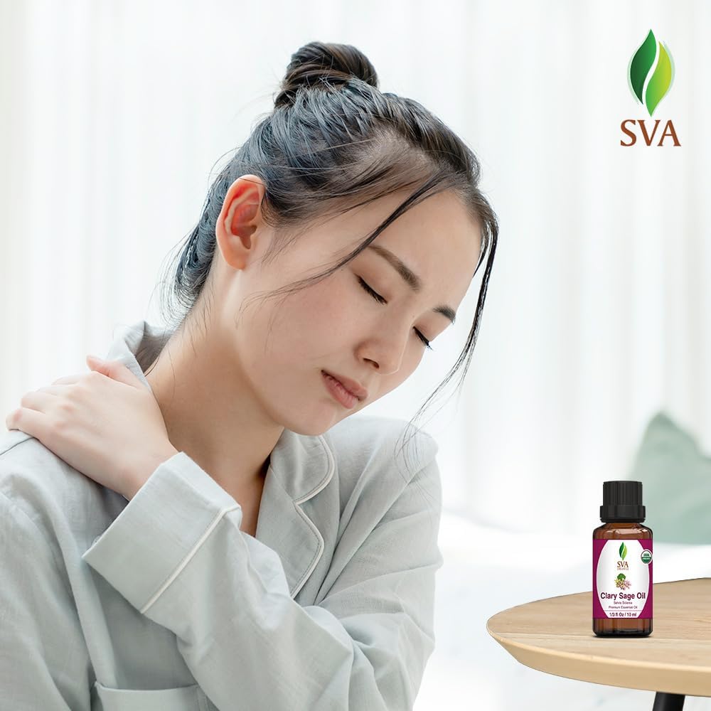 SVA Clary Sage Essential Oil Organic – 1/3 Fl Oz – 100% Natural Organic Clary Sage Oil - for Diffuser, Hair Care, Face, Skin Care, Aromatherapy, Scalp and Body Massage, Soap and Candle Making