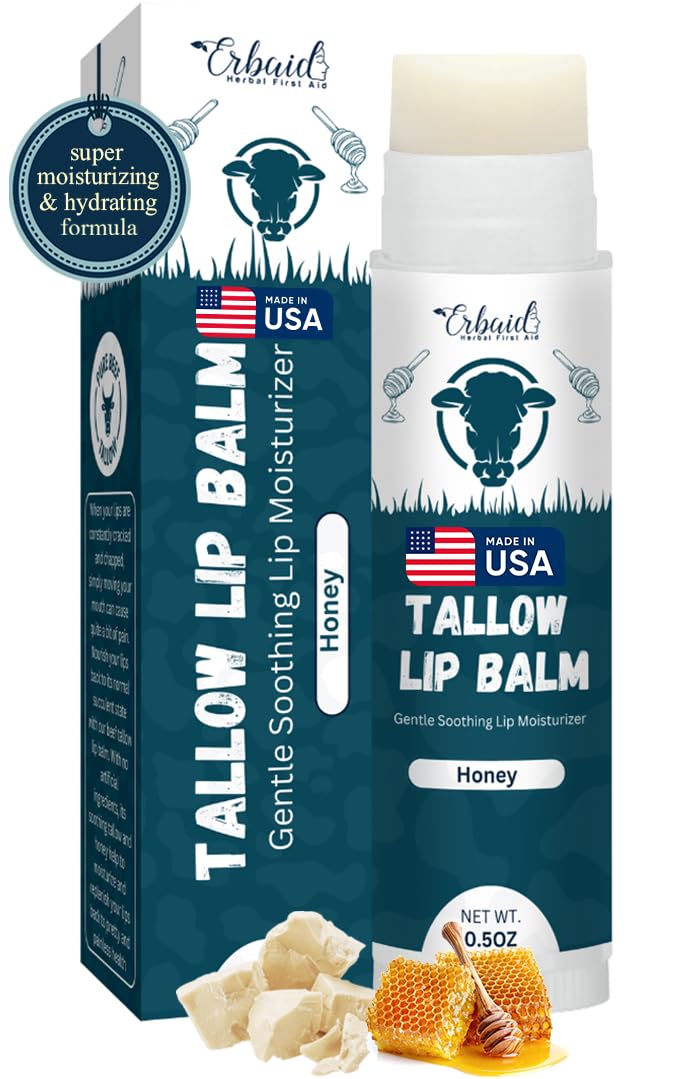 Beef Tallow Lip Balm – Natural Tallow Beeswax Chapstick – Hydrating Moisturizer Grass Fed Bison Tallow Balm Lip Care – Soothes Chapped, Dry Lips, Sensitive Skin – Long Lasting & Vitamin Rich USA-Made