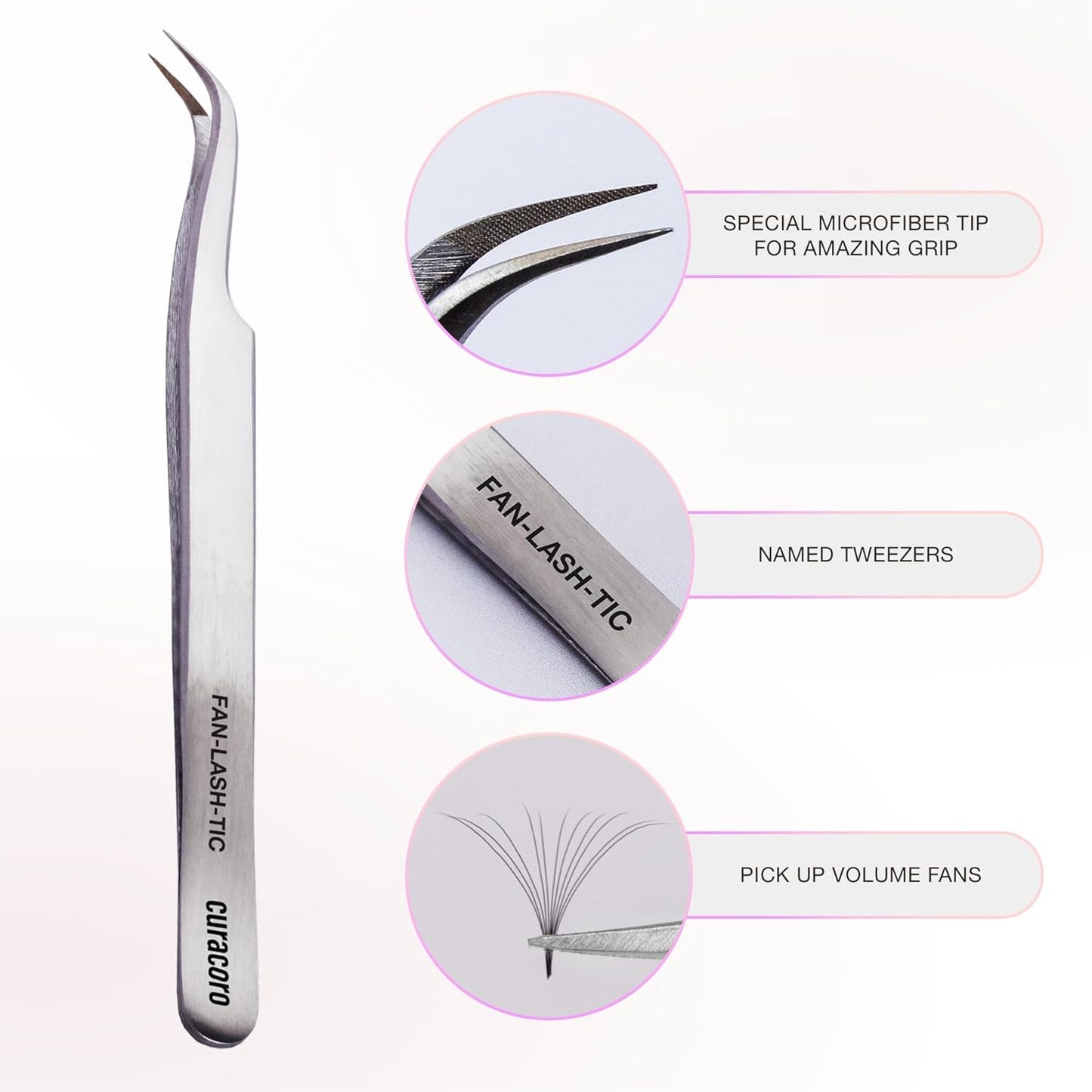Curacoro Lash Tweezer - Professional & Precision Fiber Tip Grip Lash Tweezers for Eyelash Extensions, Multi Shapes & Purposes Tweezers for Volume, Isolation & Classic Lashes (Silver, Fan-lash-tic)