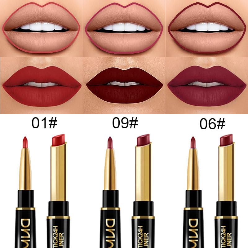 evpct 3Pcs Dark Ruby Wine Red Lip Liner and Lipstick Set Kit for Women Matte Matt 24 Hour Lipstick and with Lip Liner Pencil Set Waterproof Long Lasting 24 labial labiales mate 24 horas originales