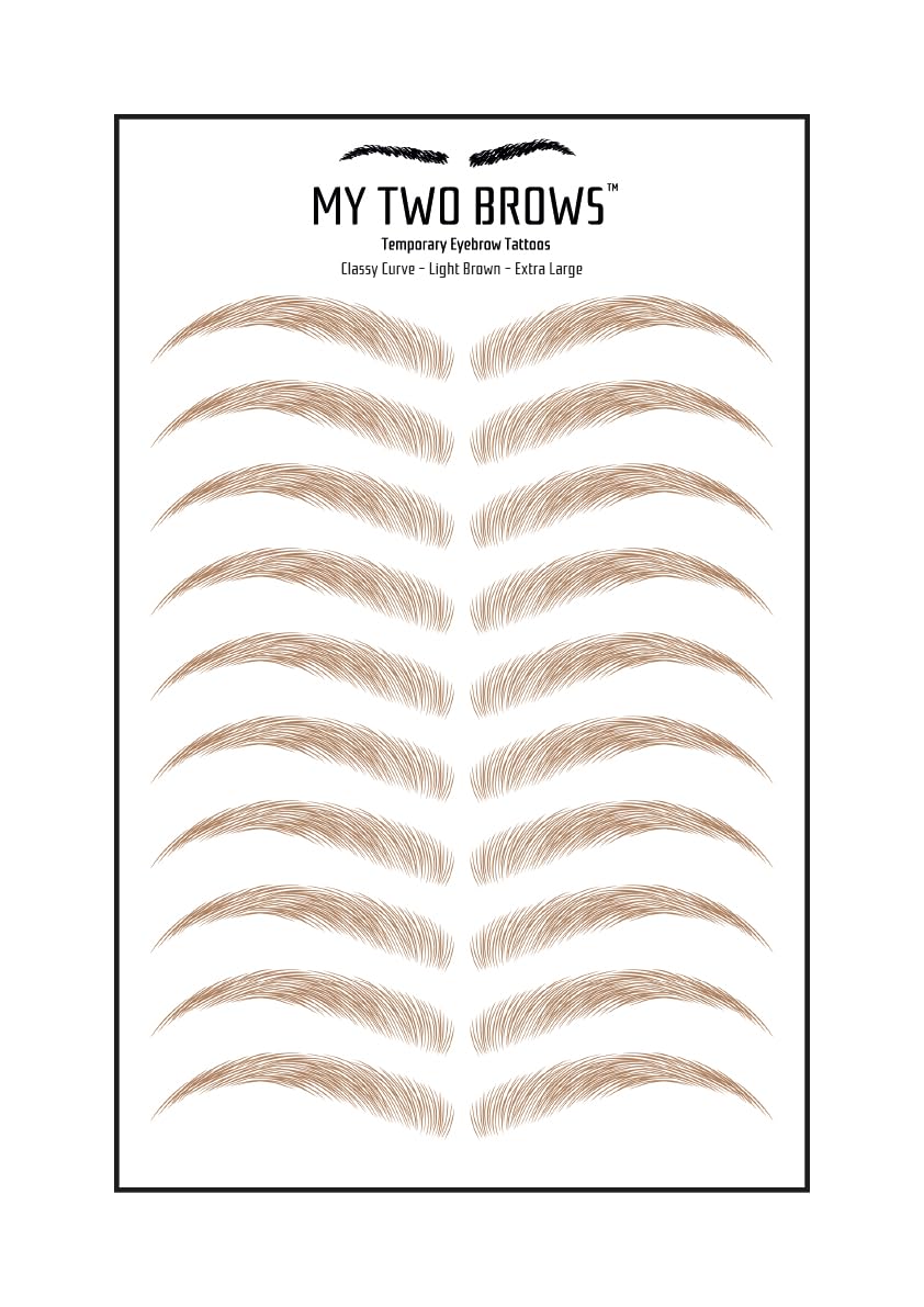 (10 pairs) Light Brown Temporary Eyebrow Tattoo - Extra Large Size - Waterproof & Smudgeproof - Classy Curve Style Eyebrow Stickers - Sheet Lasts up to 30 Days - Won't Work on Existing Brows