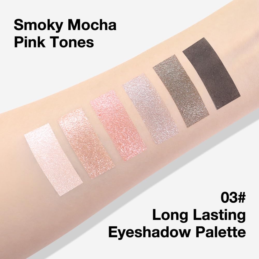 6 Colors Travel Eye Shadow Palette Makeup, Black Dark Smoky Grey Nude Pink Rose Champagne Gold Pearl White Sparkly Shimmer Glitter High Pigment Mini Eyeshadow Palette for Older Women, Built in Mirror