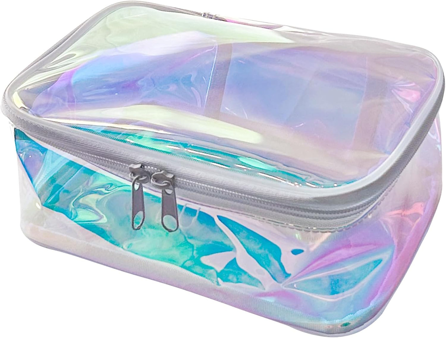 TPU Holographic Clear Makeup Bags Bulk,Clear Storage Bag Toiletry Pocket Portable Zippered Iridescent Pouch Waterproof Cosmetic travel Bags with white zipppe for Women