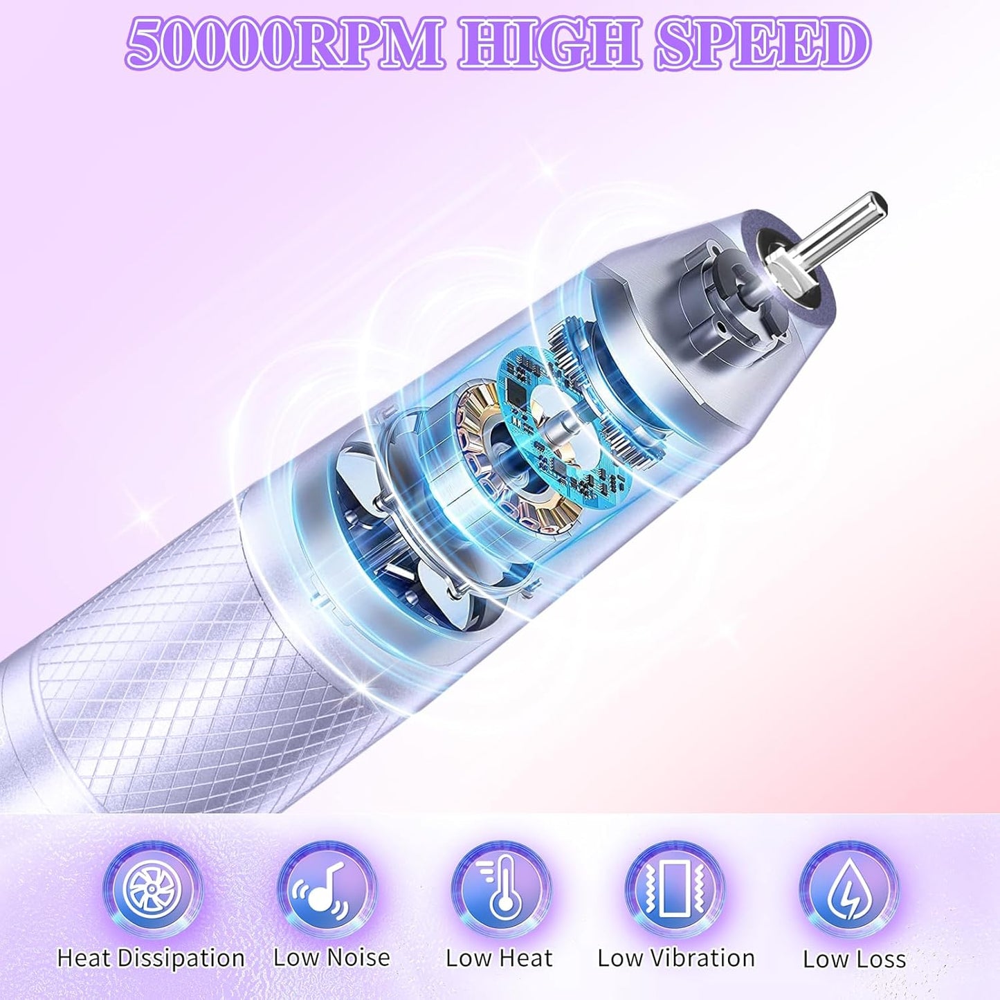 Electric Nail Drill Professional, 50000RPM Electric Nail File Portable Nail Drill Kit 6000mAh Rechargeable Machine for Acrylic Gel Nail, Manicure Pedicure Polishing Nail for Salon Home Purple