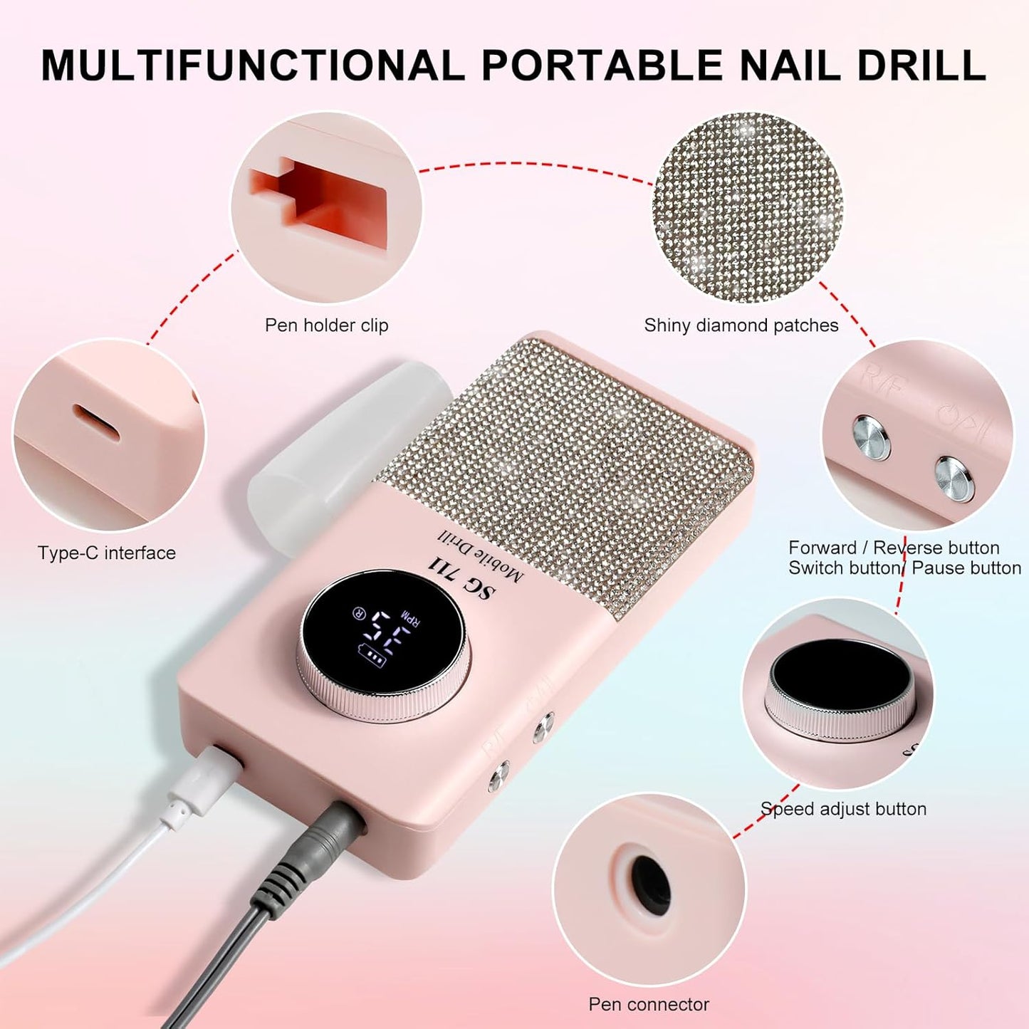 Professional Electric Cordless Nail Drill File:Glitter Portable Cordless E-File Nail Drill Kit with13 Drill Bits 45000RPM Rechargeable Nail Drills Machine for Acrylic Nails Gel Polishing (Pink)