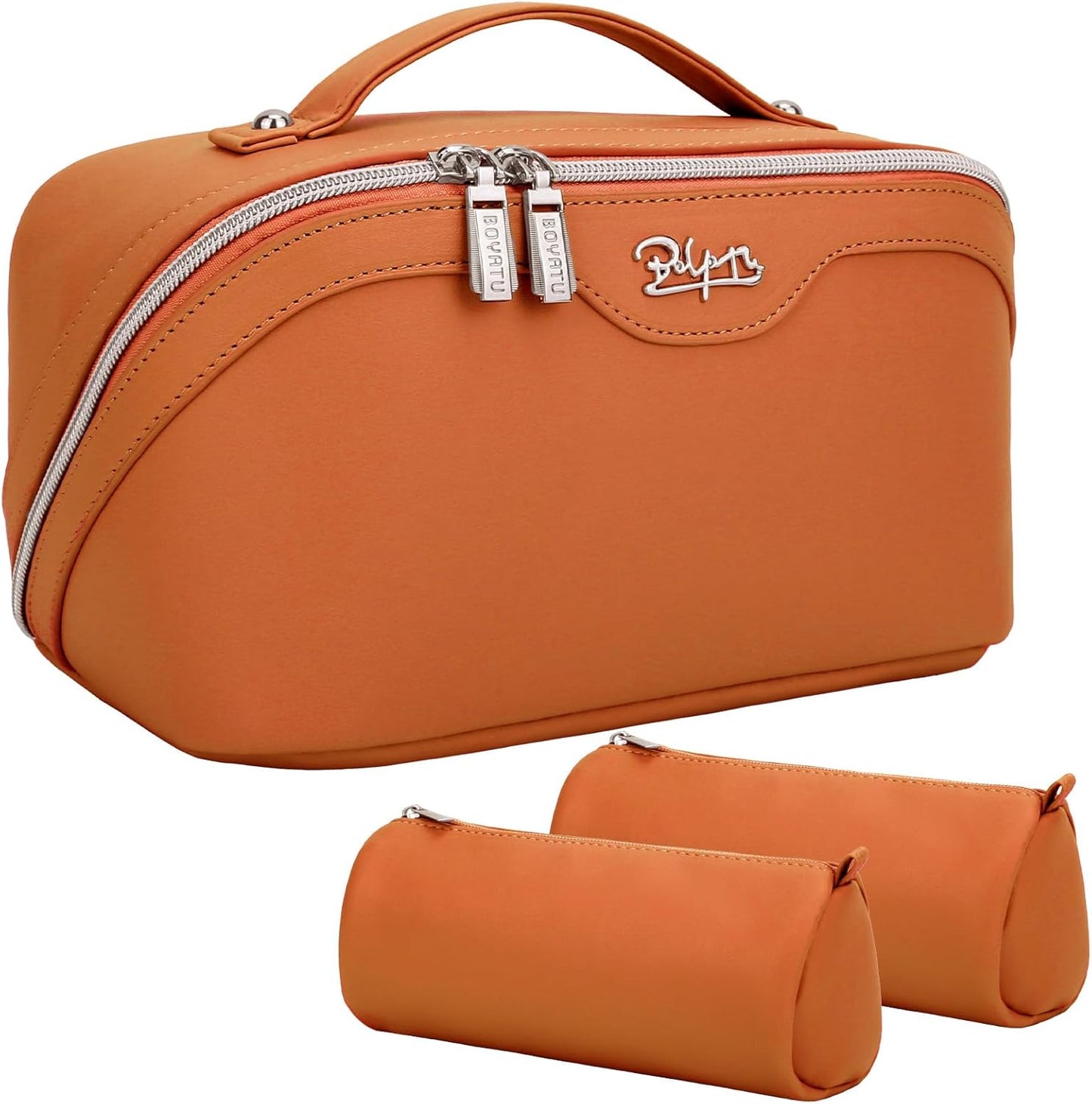 BOYATU Travel Makeup Bags Cosmetic Organizer Bag: 3-Set Large Capacity Make up Bag - PU Leather Toiletry Bags for Women - Wide Open Portable Pouch with Divider & Handle (09-Orange brown)