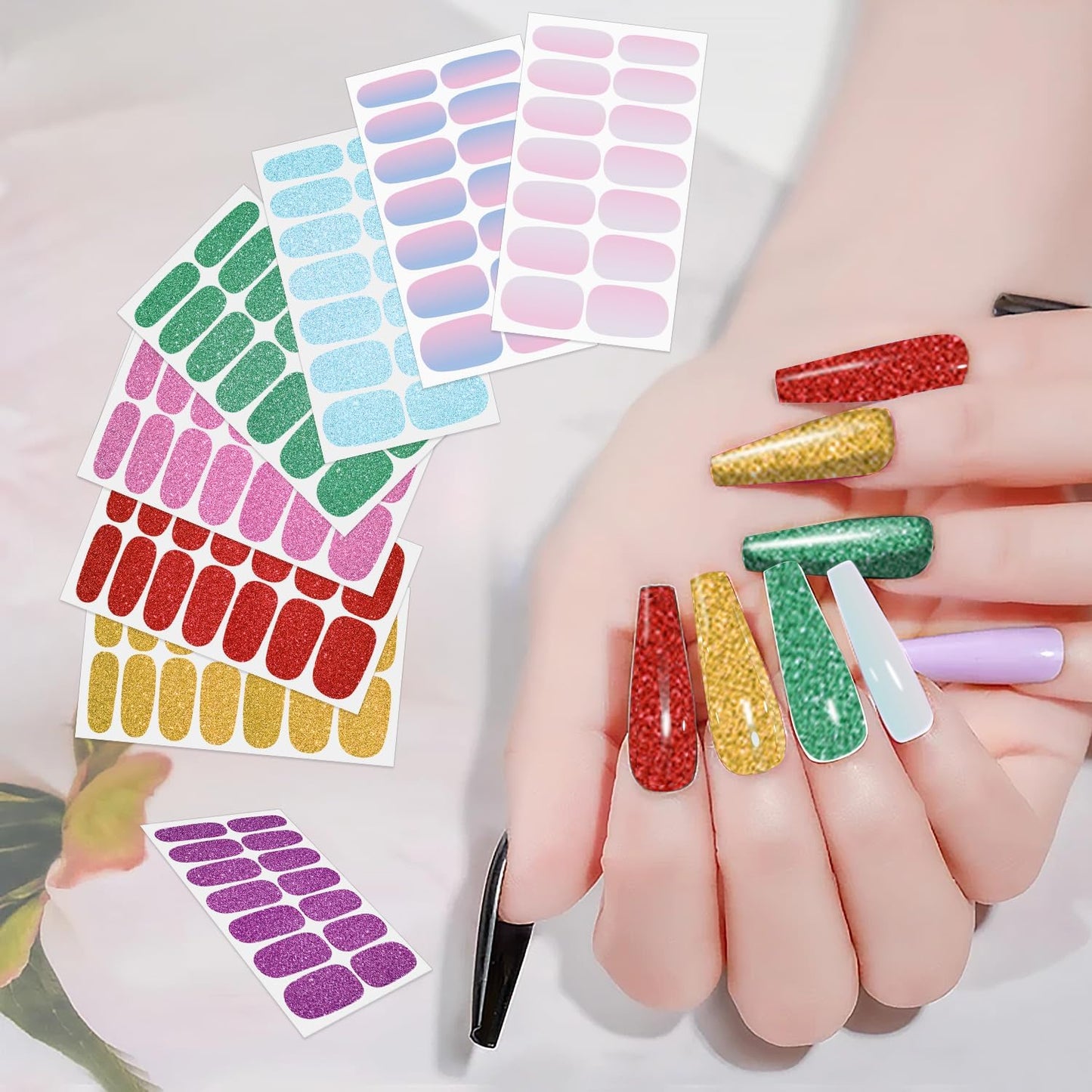SILPECWEE 16 Sheets Bright Color Nail Polish Stickers Full Nail Wraps Glitter Mermaid Color Gel Strips Self Adhesive Nail Polish Strips Fingernail Sticker Nails for Women with File
