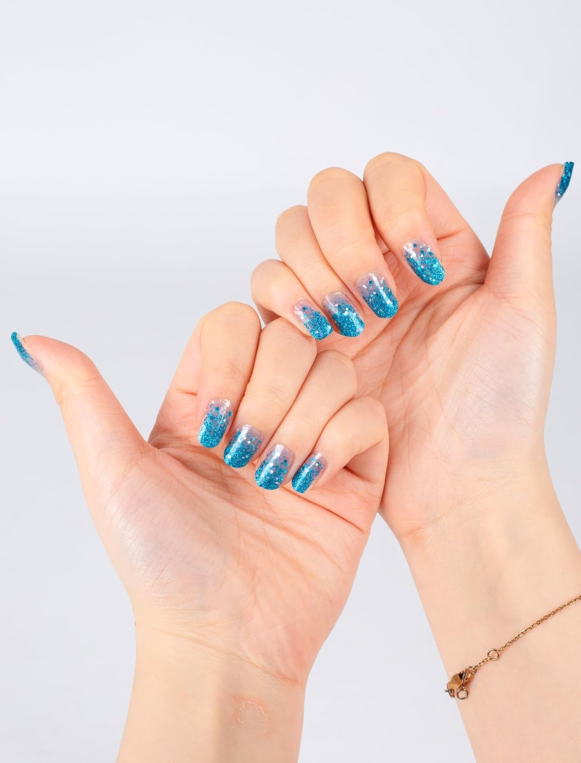 No UV Light Needed Semi Cured Gel Nail Strips Kit for Women, 48 Pcs Self-Adhesive Stick on Nail Polish Art Stickers Wraps with Nail Files and 2 Nail Wiping Blocks (Blue) (Blue)