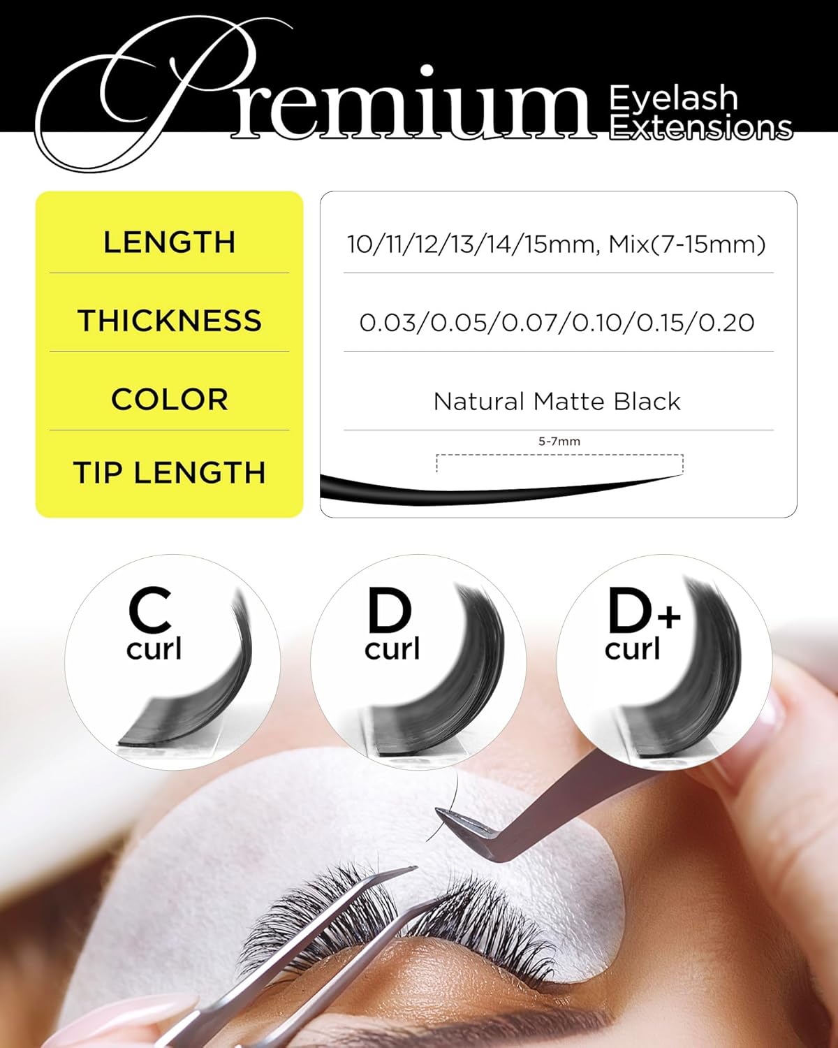 BEYELIAN Eyelash Extension 0.05 D Curl 15mm Tray Easy Fan Lash Extensions Volume Lashes 100°/212°F High Temperature Resistant Classic Professional Use Natural Matte Black (0.05 D 15mm)