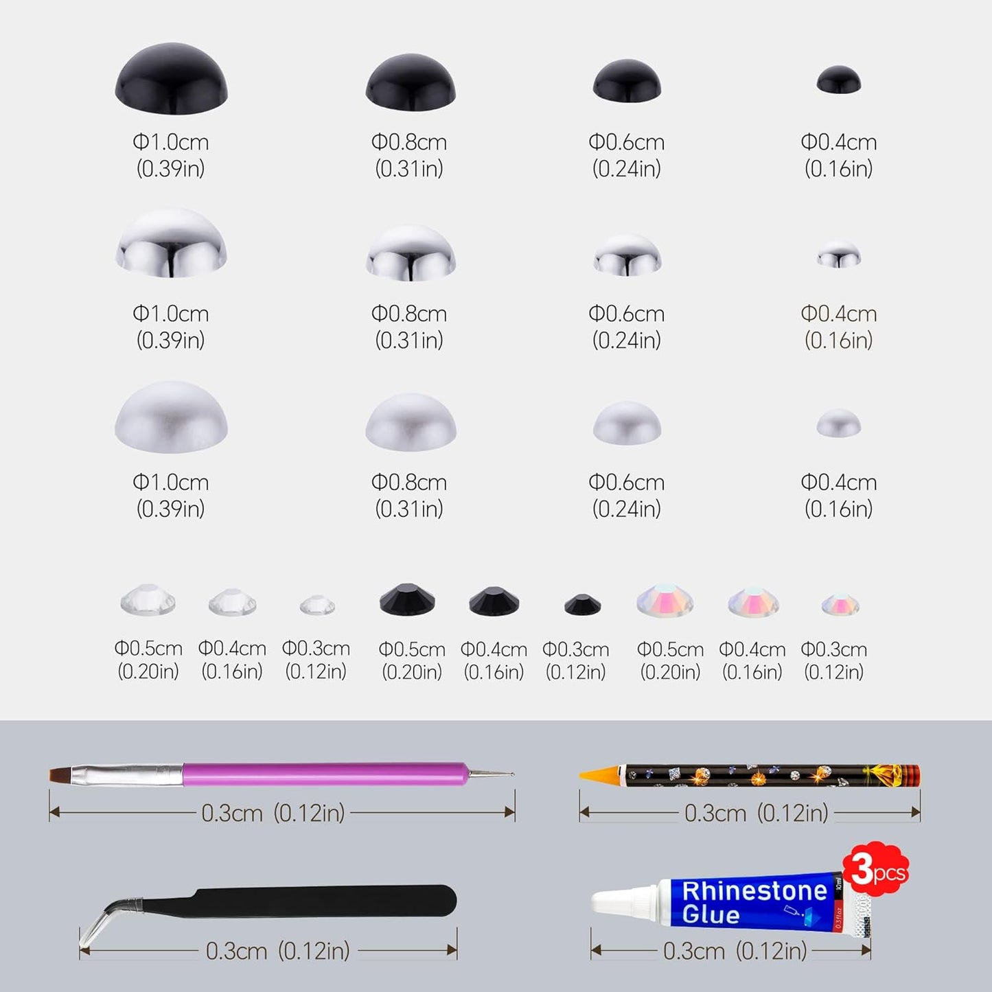 60g Black White Pearls Rhinestones for Crafts Mixed Size 3mm-10mm AB Color Round Half Pearls Flatback Pearl Beads and Resin Rhinestones Set for Face Art with Glue