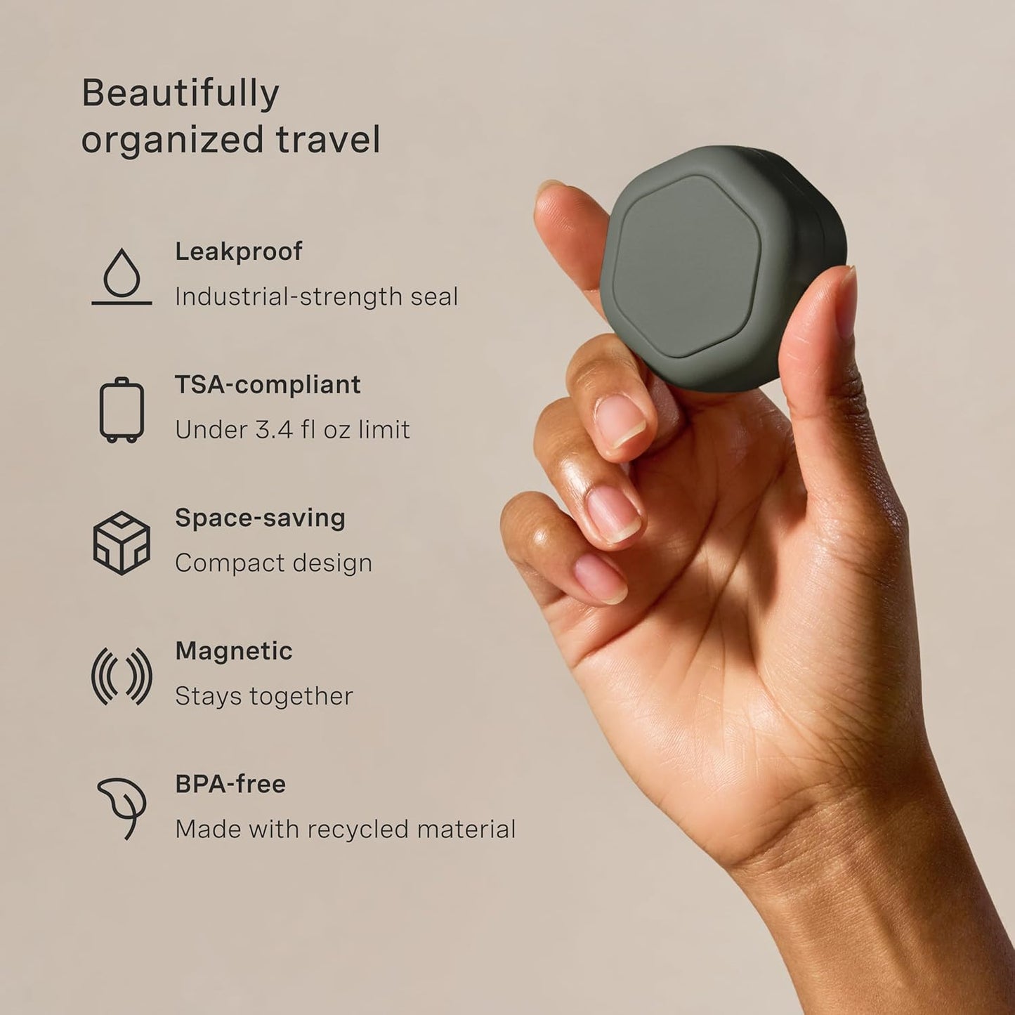 Cadence Travel Containers Basic Skincare Set - Magnetic Containers with Lids,Carry On Travel Essentials For Women/Men - 3 Small Capsules (0.56oz) - Cleanser, Moisturizer & Sun-Icon Labels - Charcoal