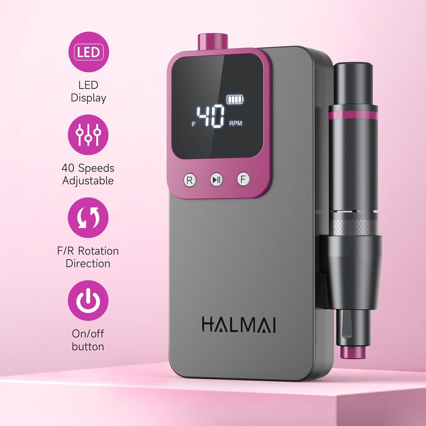 Electric Nail Drill Professional, Portable Nail File for Acrylic Gel Nails, Cordless Rechargeable Ultra Power Nail Drill Kit 40000RPM, HMC320 Salon-Grade Efile Nail Machine (Dark Grey)