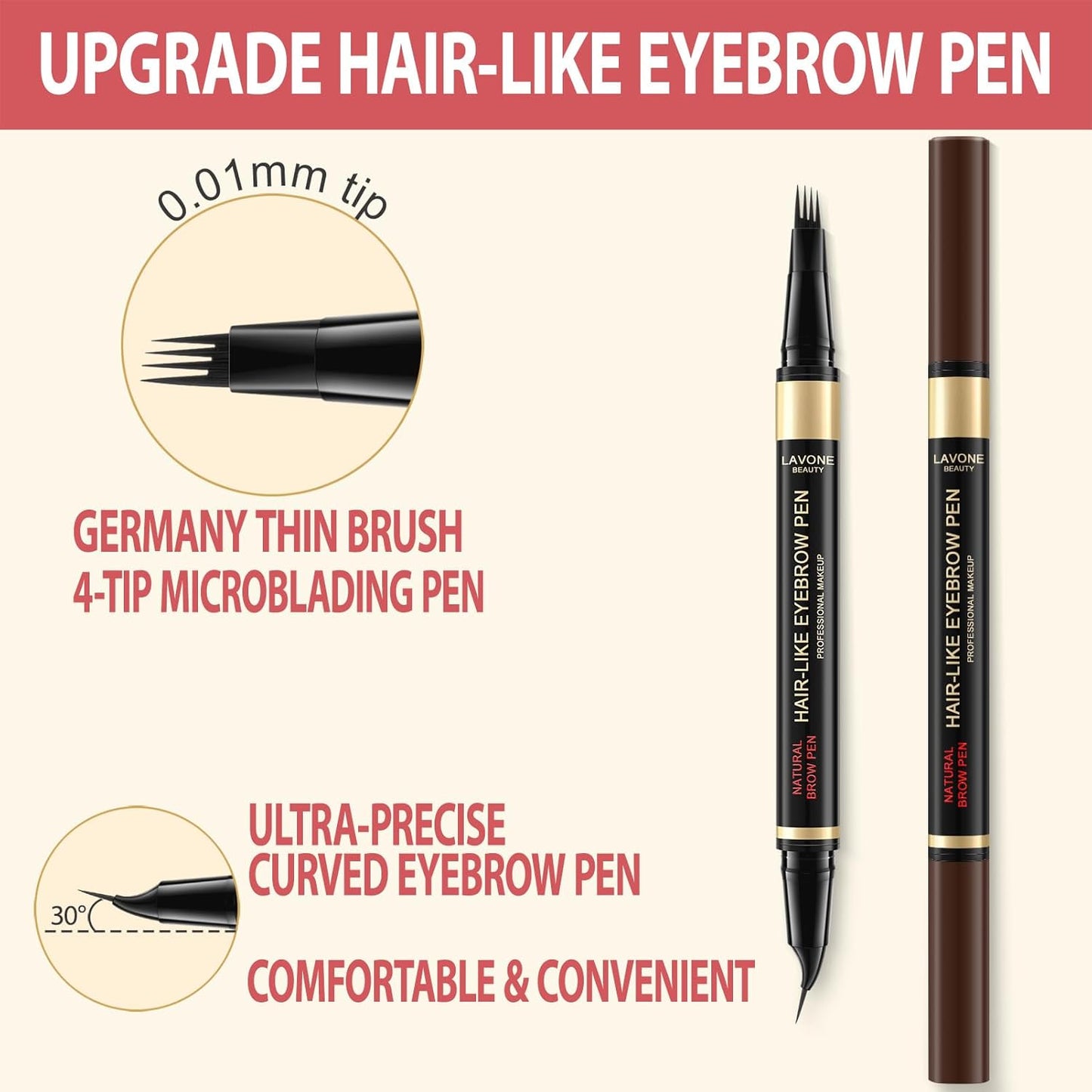 LAVONE Eyebrow Pen, 2-in-1 Eyebrow Pencils for Women with 4 Tip Microblading Eyebrow Pencil and Curved Precise Brow Pencil, Waterproof Eyebrow Pencil Create Full, Natural Hair-Like Brows, Black Brown